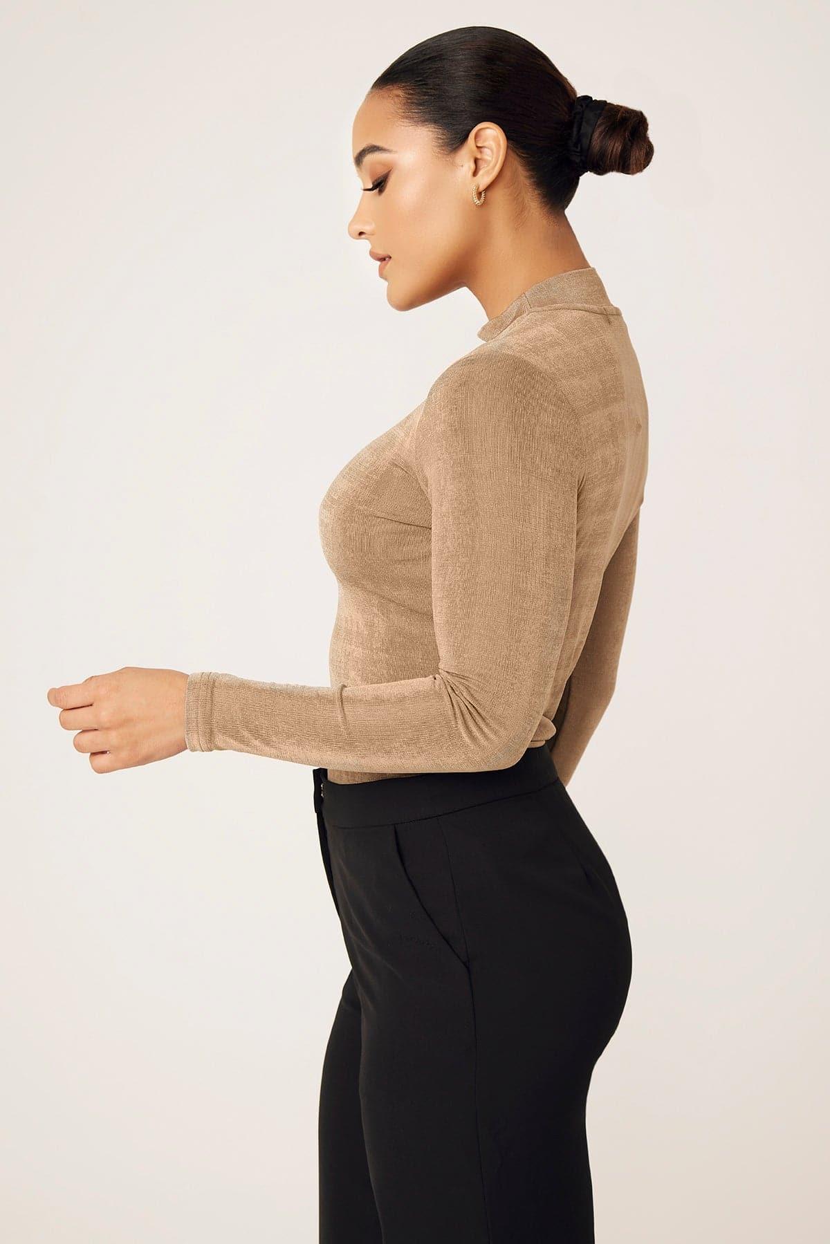Camile Women's Long Sleeve Bodycon Shirt - Taupe Slim Fit Stretchy Top for Work, Party & Everyday Wear