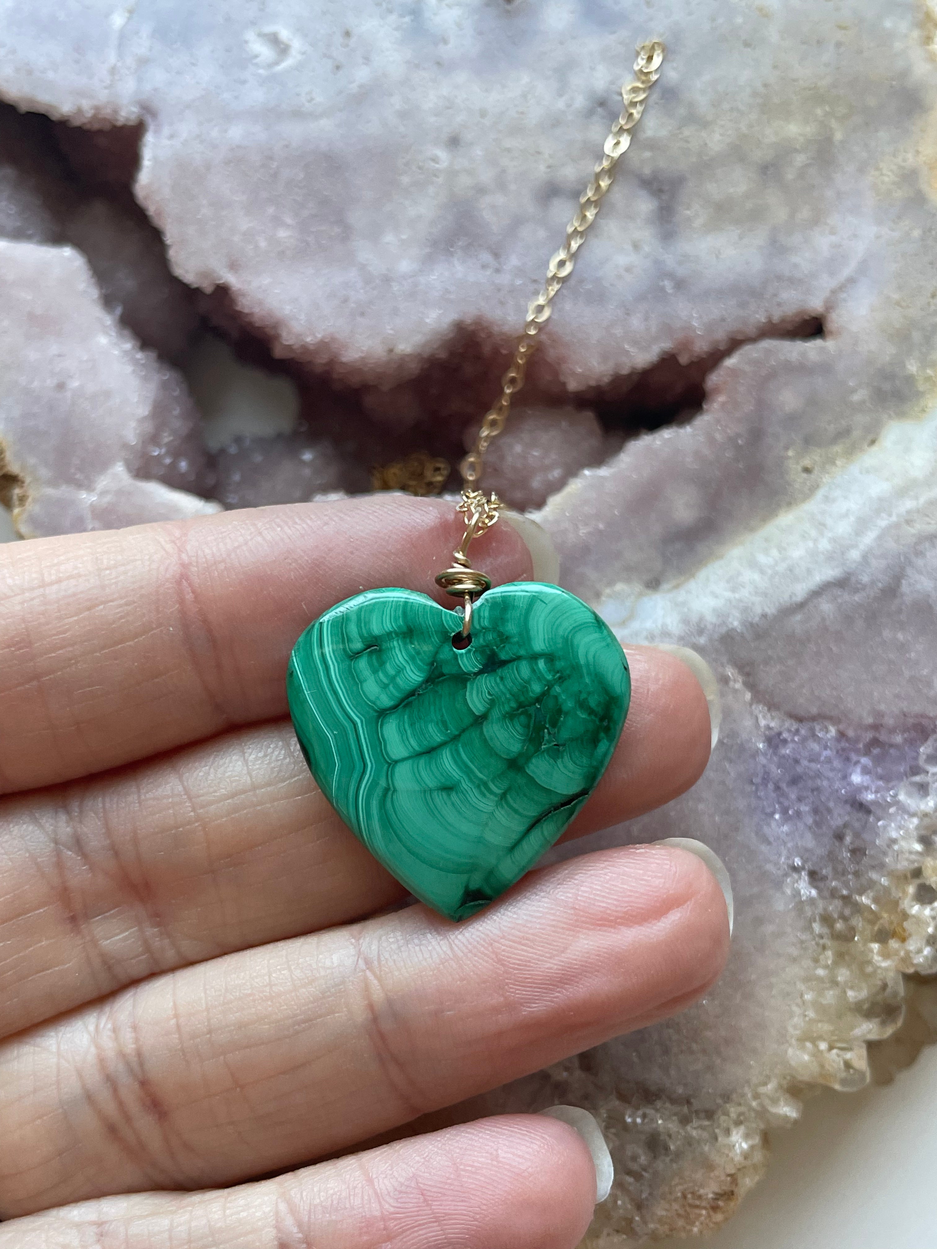 Malachite Heart Crystal Pendant Necklace - 14kt Gold Filled 16 Inch Chain - Spiritual Healing Jewelry for Women - Perfect Gift for Valentine's Day, Anniversary & Special Occasions