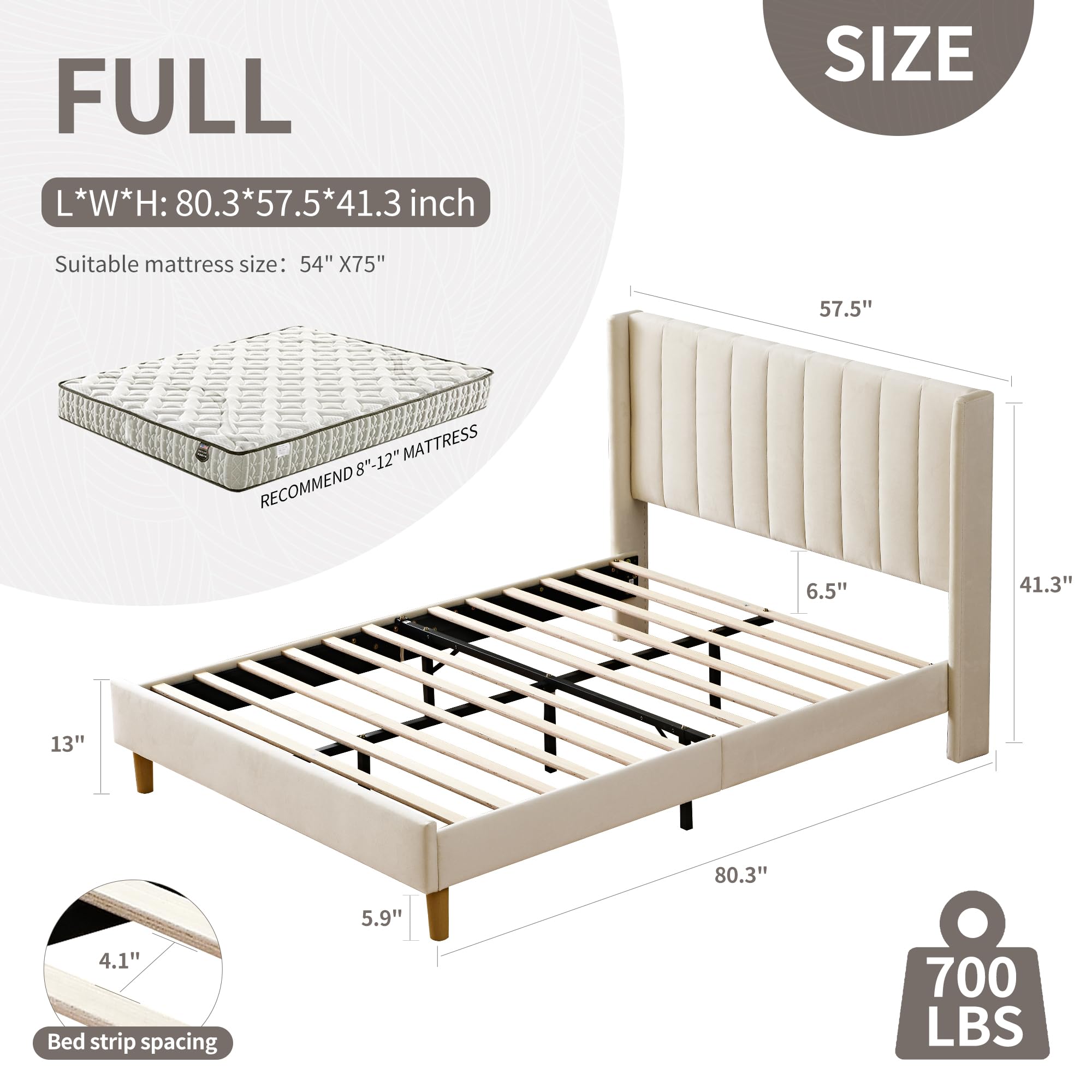 Luxury Velvet Upholstered Platform Bed Frame - Full Size, Modern Geometric Winged Headboard, Quiet & Easy Assembly, Cream Fabric - Perfect for Master Bedroom, Guest Room, or Apartment Decor