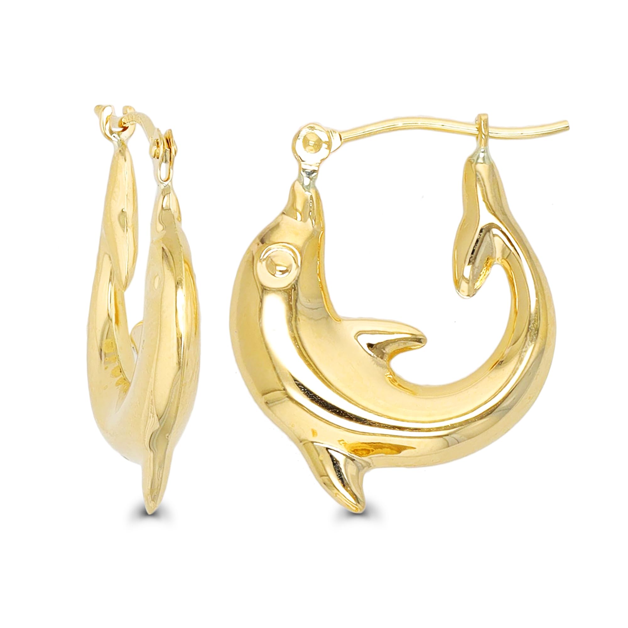 14K Yellow Gold 3mm Thick High Polished Dolphin Hoop Earrings for Women | 3x20mm Solid Gold Hoops | Elegant Everyday Jewelry for Casual & Formal Occasions