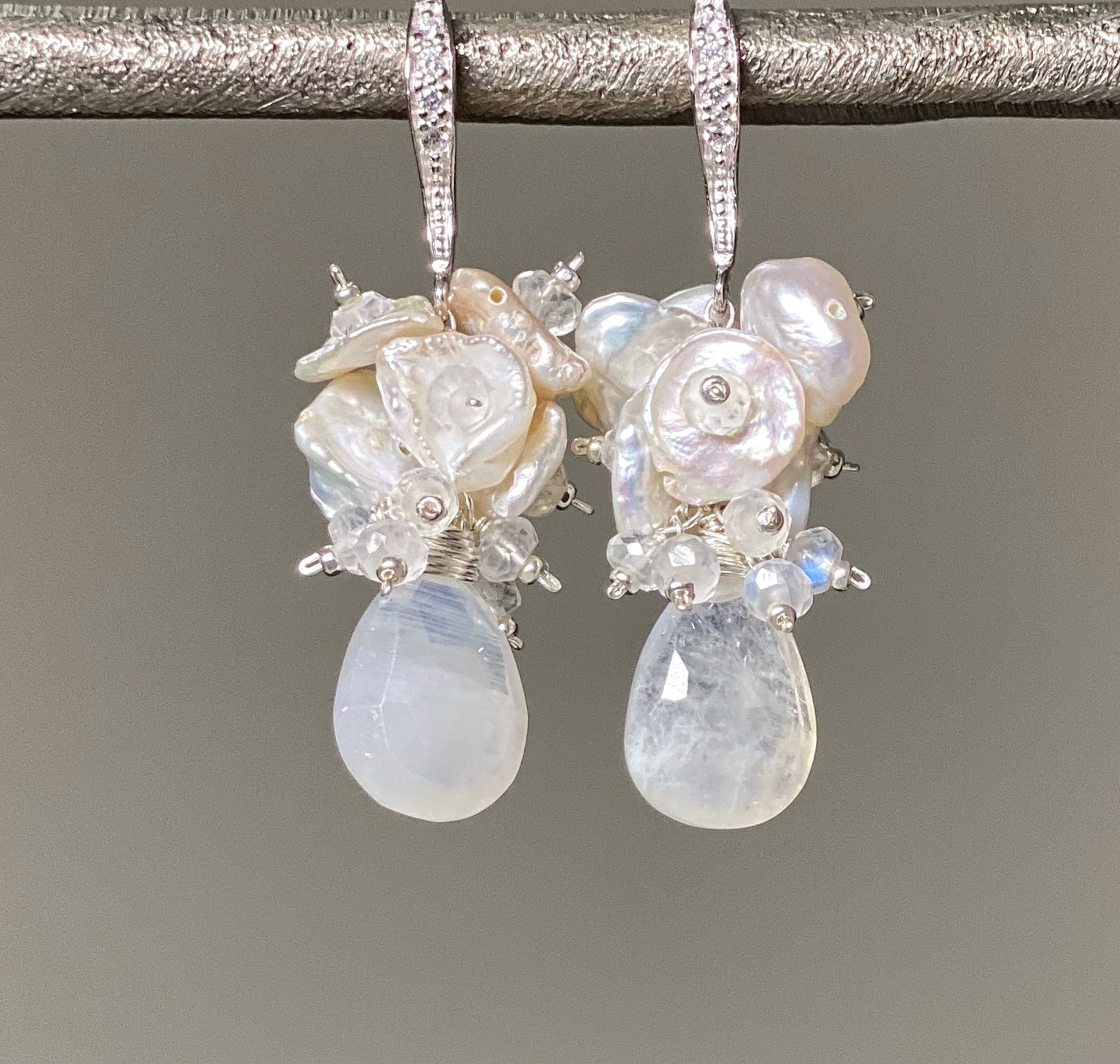 Rainbow Moonstone Keishi Cluster Bridal Earrings Sterling Silver – Elegant Wedding Jewelry for Brides, Bridesmaids & Special Occasions