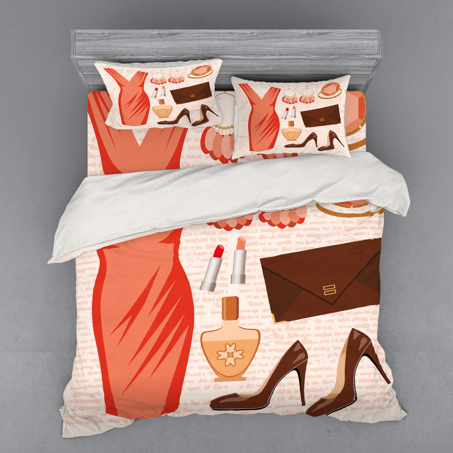 Ambesonne Fashion-Themed 4-Piece King Size Bedding Set - Duvet Cover, Shams & Fitted Sheet in Salmon Brown Peach | High Heels, Cocktail Dresses & Lipstick Print | Perfect for Women's Bedrooms, Dorm Decor & Fashion Lover Gifts