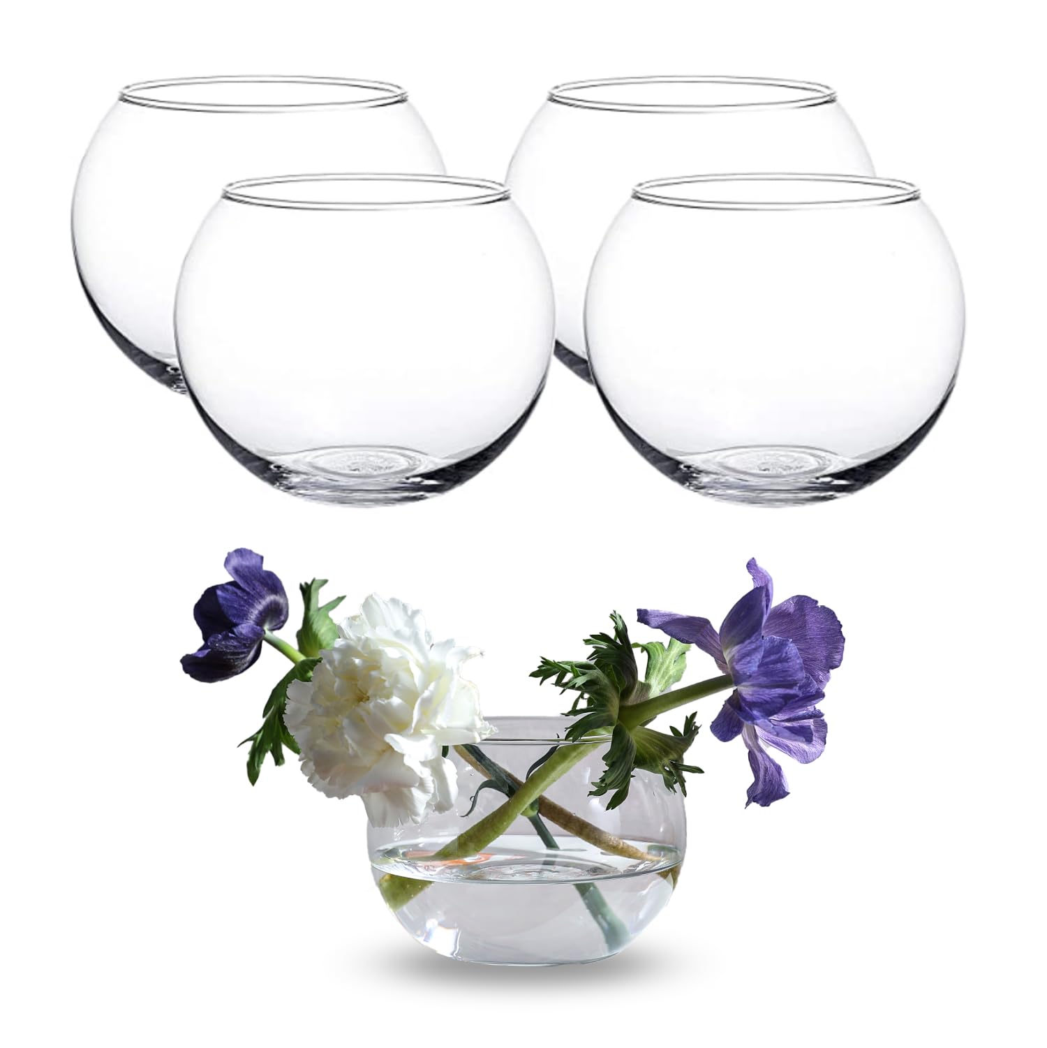 Clear Glass Bubble Bowl - 4.65X3.55 Inch 4-Piece Set | Decorative Fish Bowl & Globe Flower Vase Centerpiece for Weddings, Events & Home Décor | Perfect for Floral Arrangements, Table Centerpieces, and Elegant Home Decorations