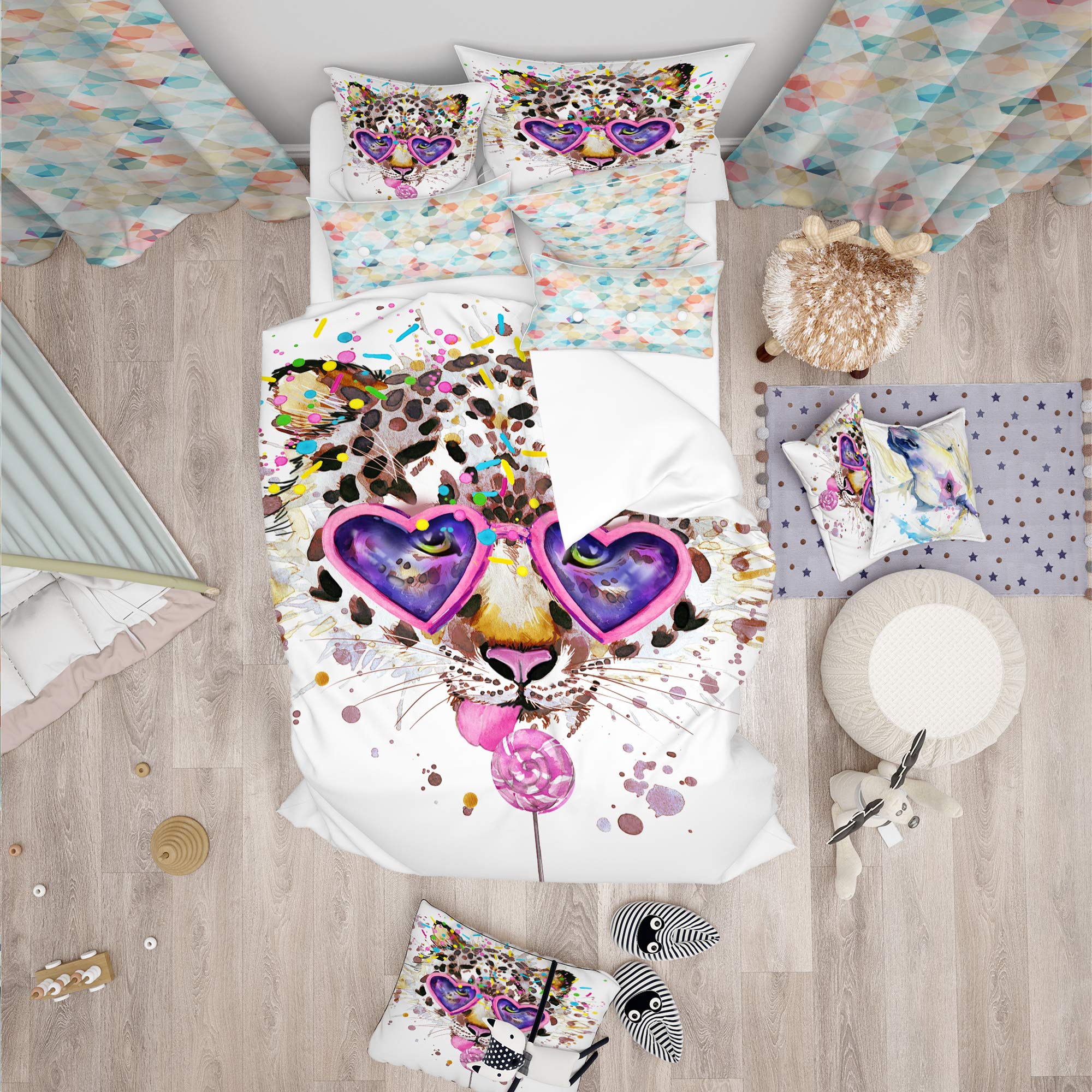 Funny Leopard with Heart Glasses Pink Duvet Cover Set - 3 Piece Animal Print Bedding for Twin Size | All Season Traditional Comforter Cover | Perfect for Kids Room, Teen Bedroom & Unique Home Decor
