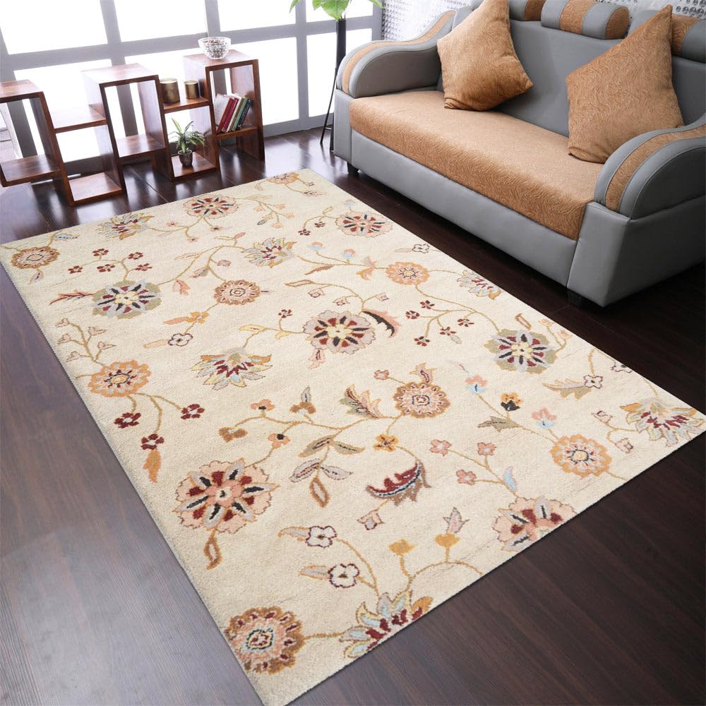 Hand Tufted Eco-Friendly Wool Area Rugs 8'x11' - Modern Floral Cream Rectangle High Pile Thick Non-Slip Handmade Rug for Living Room, Bedroom, Dining Room & Office | Soft & Durable Home Decor (K00708)