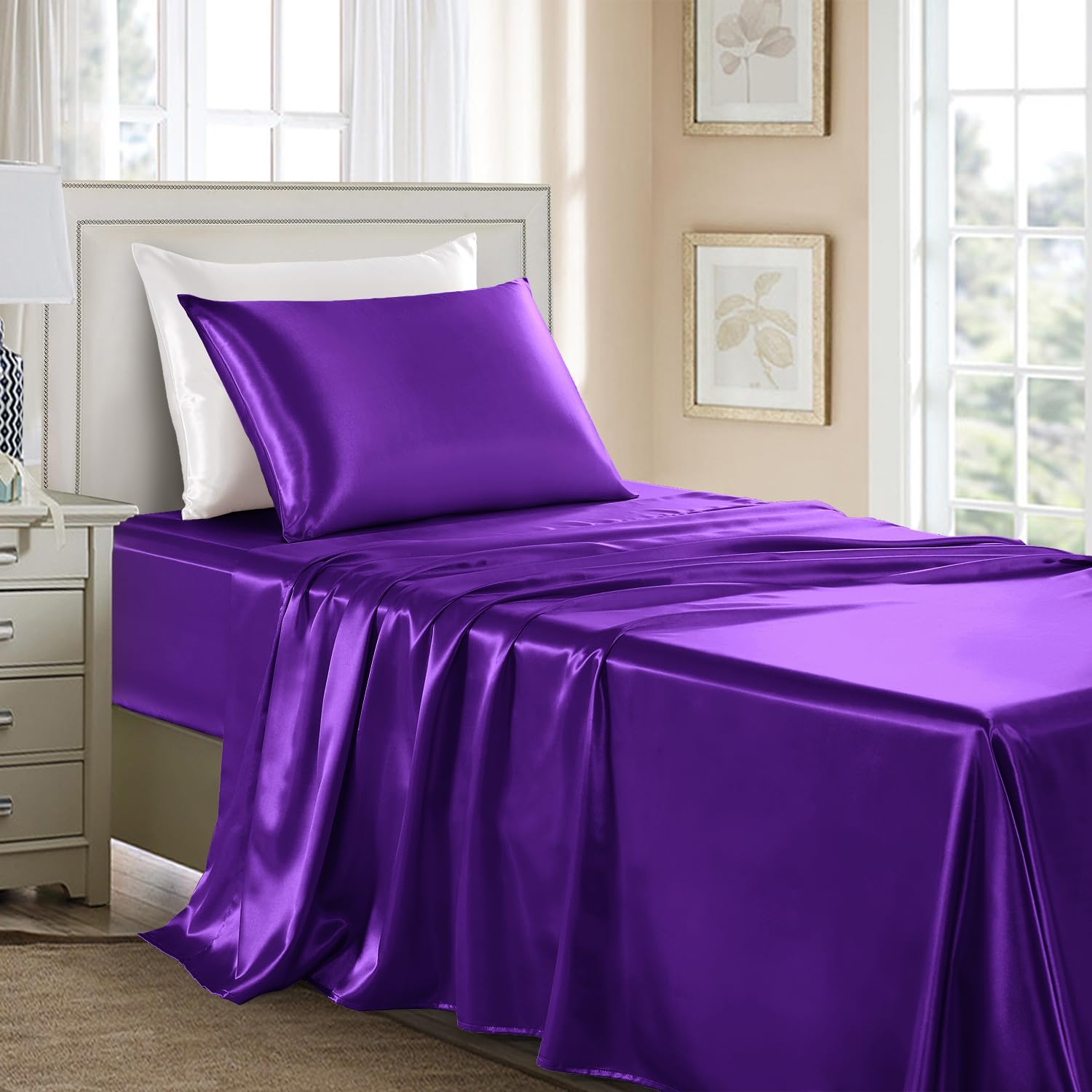 Luxury Satin Sheets Twin Size - 3 Piece Silky Soft Bed Sheet Set for Kids & Adults, Wrinkle-Free Dark Purple Satin Silk Sheets with Deep Pocket Fitted Sheet, Flat Sheet & Pillowcase - Perfect for Bedroom Decor, Gift Giving & Comfortable Sleep