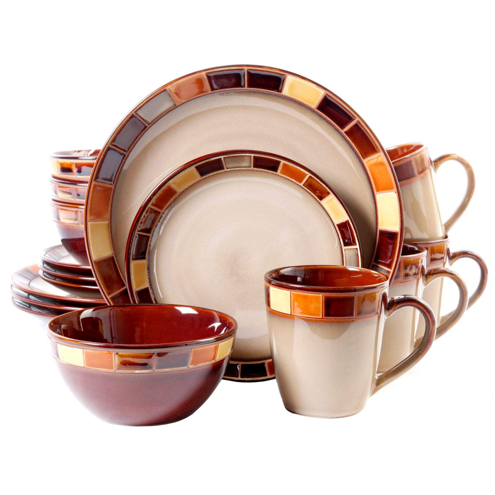 16-Piece Beige Banded Casual Dinnerware Set - Microwave & Dishwasher Safe Stoneware Plates & Bowls for Everyday Dining, Family Gatherings & Entertaining