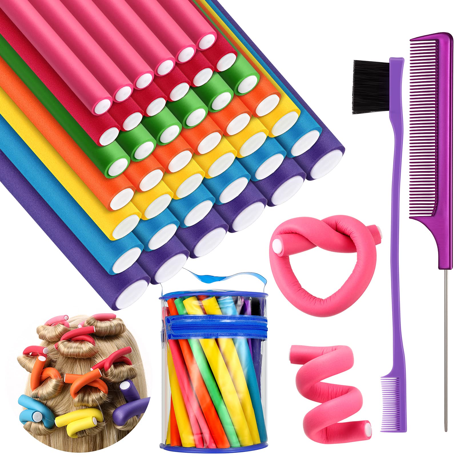 42 Pcs Flexible Hair Curling Rods & Rollers - No Heat Curler Set with Rat Tail Comb & Edge Brush for Women - Perfect for Salon, Home Styling & Natural Hair Care (7 Sizes)