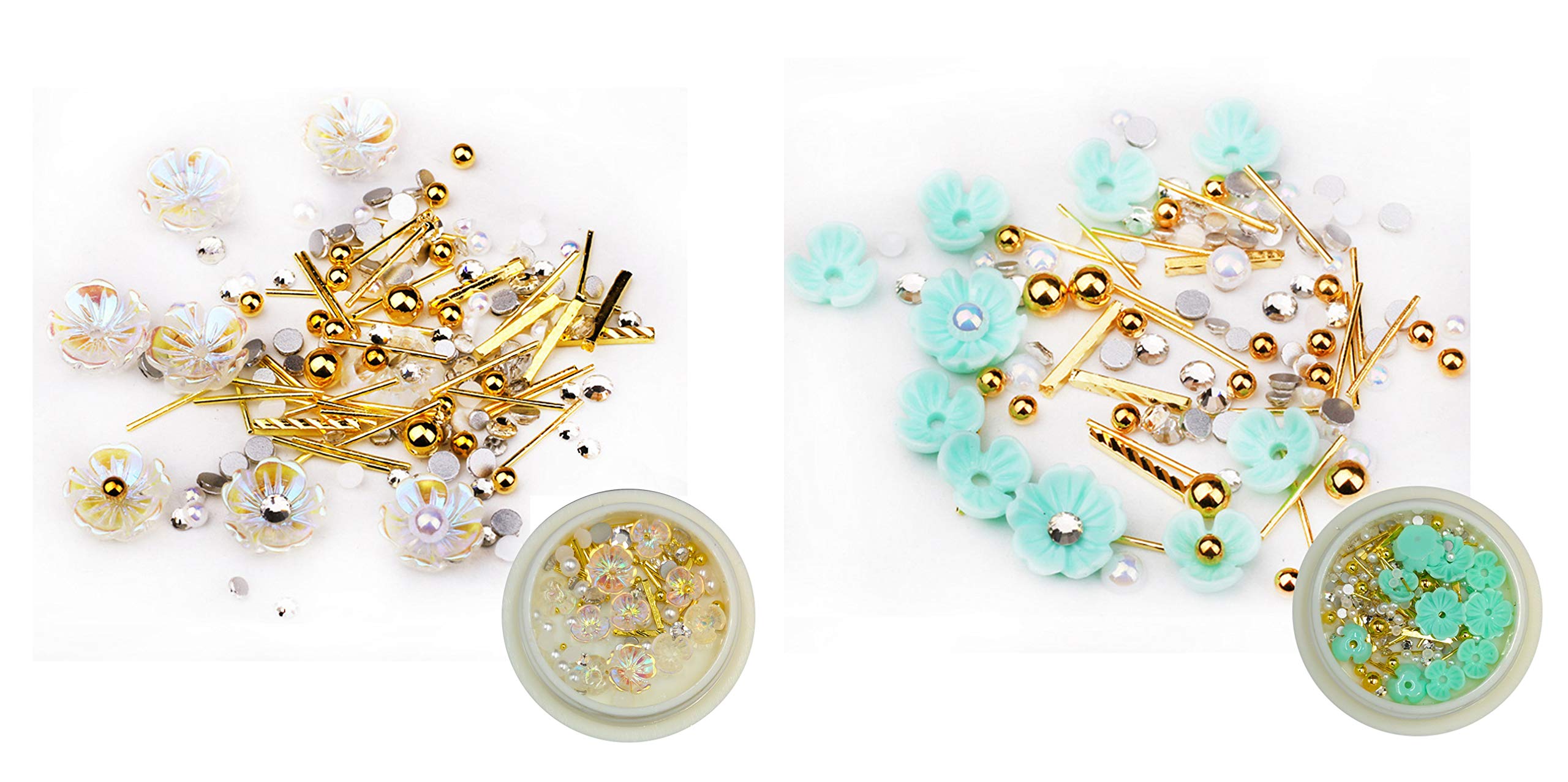 S.A.V.I Nail Art Kit - Set of 2 with Rivet Rhinestones, Resin Decorations, Shell Flowers & Golden Beads in Green (Mixed Sizes, 10g Each) for Professional Manicure & DIY Nail Designs - Perfect for Salon, Home Use & Gift Giving