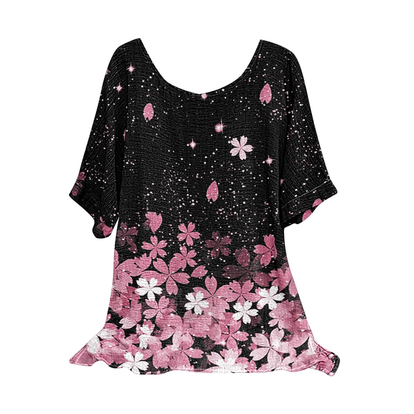 Women's Boho Floral Linen Shirts - Crewneck Short Sleeve Loose Casual Summer Tops & Blouses 2022 | Perfect for Beach Outings, Vacations & Everyday Wear