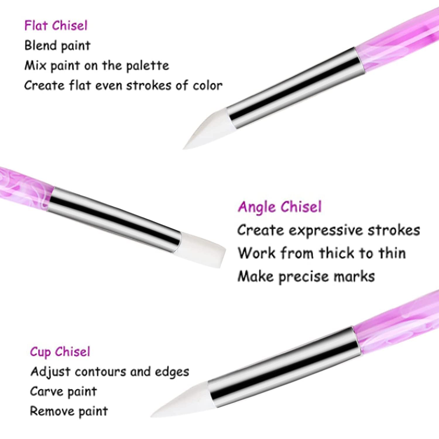 BQAN 5Pcs Professional Nail Art Silicone Pens - Acrylic Handle Gel Nail Carving & Drawing Brushes Set for DIY Manicure, Nail Extension & Salon Art Design
