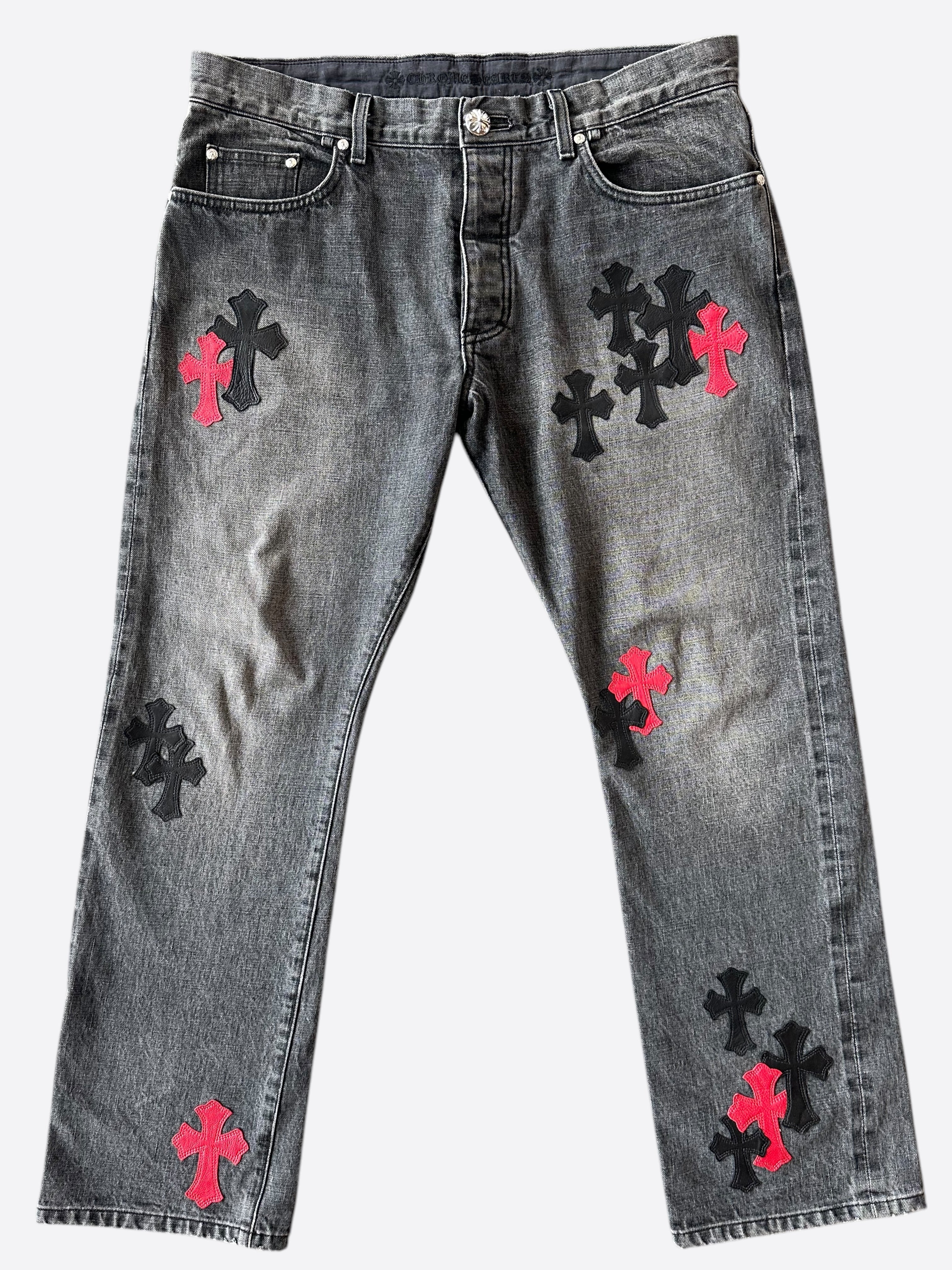Chrome Hearts Grey Black & Red Cross Patch Jeans - Stylish Distressed Denim for Men & Women | Perfect for Casual Wear, Street Fashion & Rocker Style