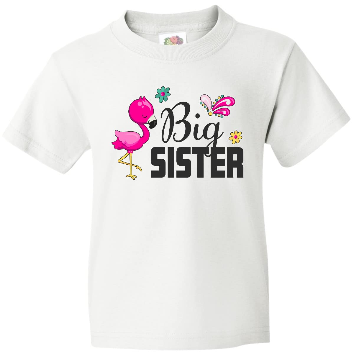 Inktastic Big Sister with Flamingo and Flowers Youth T-Shirt - Cute Floral Graphic Tee for Girls - Perfect for Sibling Matching, Birthday Gifts & Casual Wear