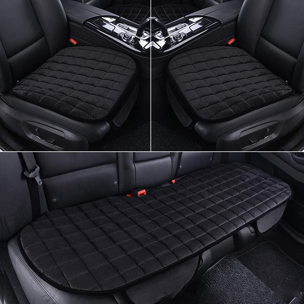 Lievilbat Plush Car Seat Cushion - Universal Fit for All Car Models, Non-Slip Bottom & All-Weather Comfort - Full Seat Cover Set (Black) - Perfect for Long Drives, Road Trips & Office Chairs