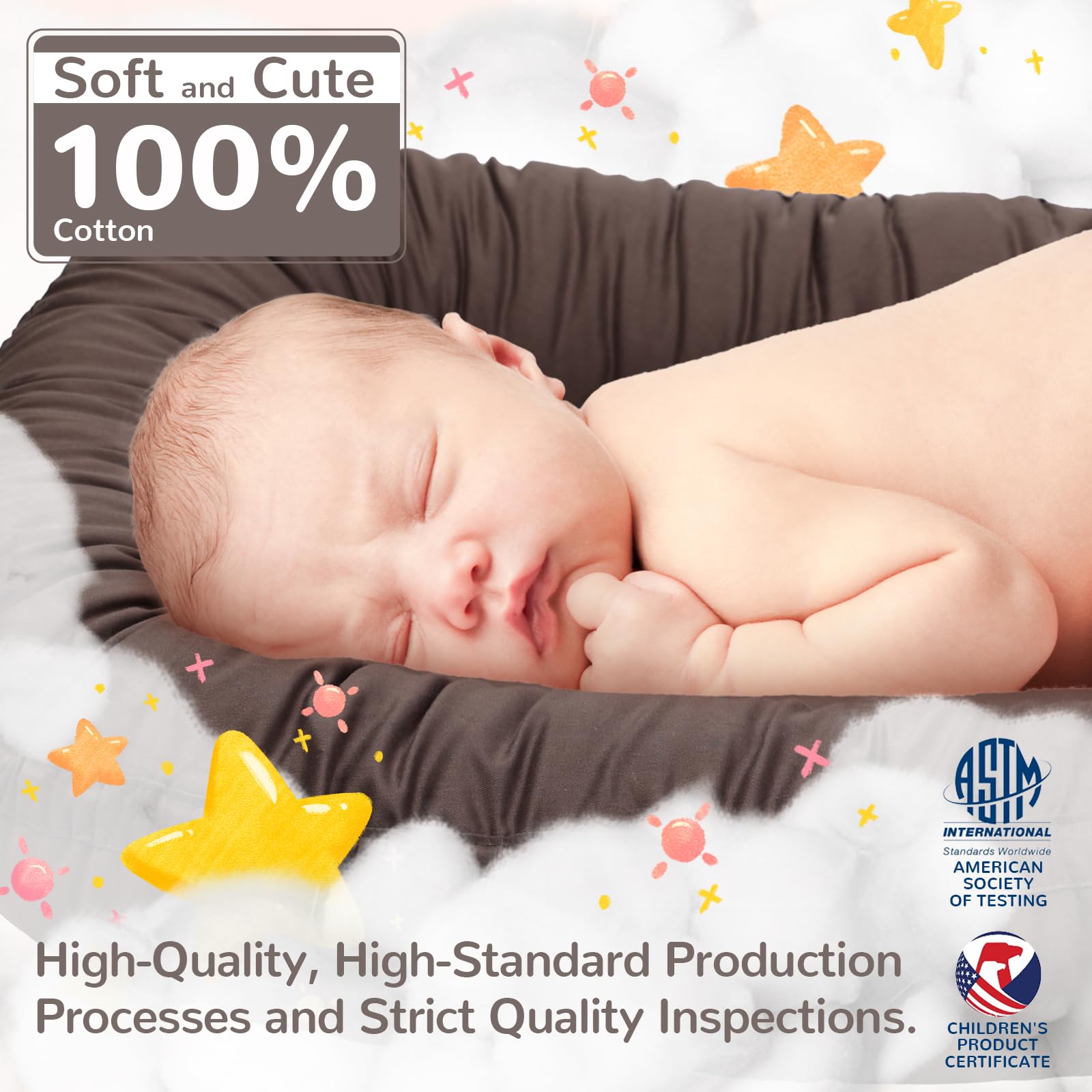 EAQ Baby Lounger - 100% Cotton Portable Infant Nest | Breathable & Soft Baby Bassinet for Co-Sleeping, Nursery, Travel | Safe Newborn Lounger Pillow for Snuggling, Playtime & On-the-Go Comfort | Perfect for Home, Daycare & Family Trips
