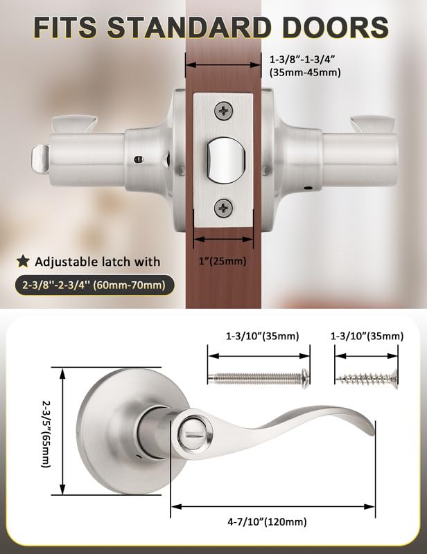 Mengico 10 Pack Satin Nickel Privacy Door Lever - Modern Interior Door Knobs & Locks for Bedroom, Bathroom & Closet - Heavy Duty Reversible Wave Lever Handle for Home, Office & Commercial Use