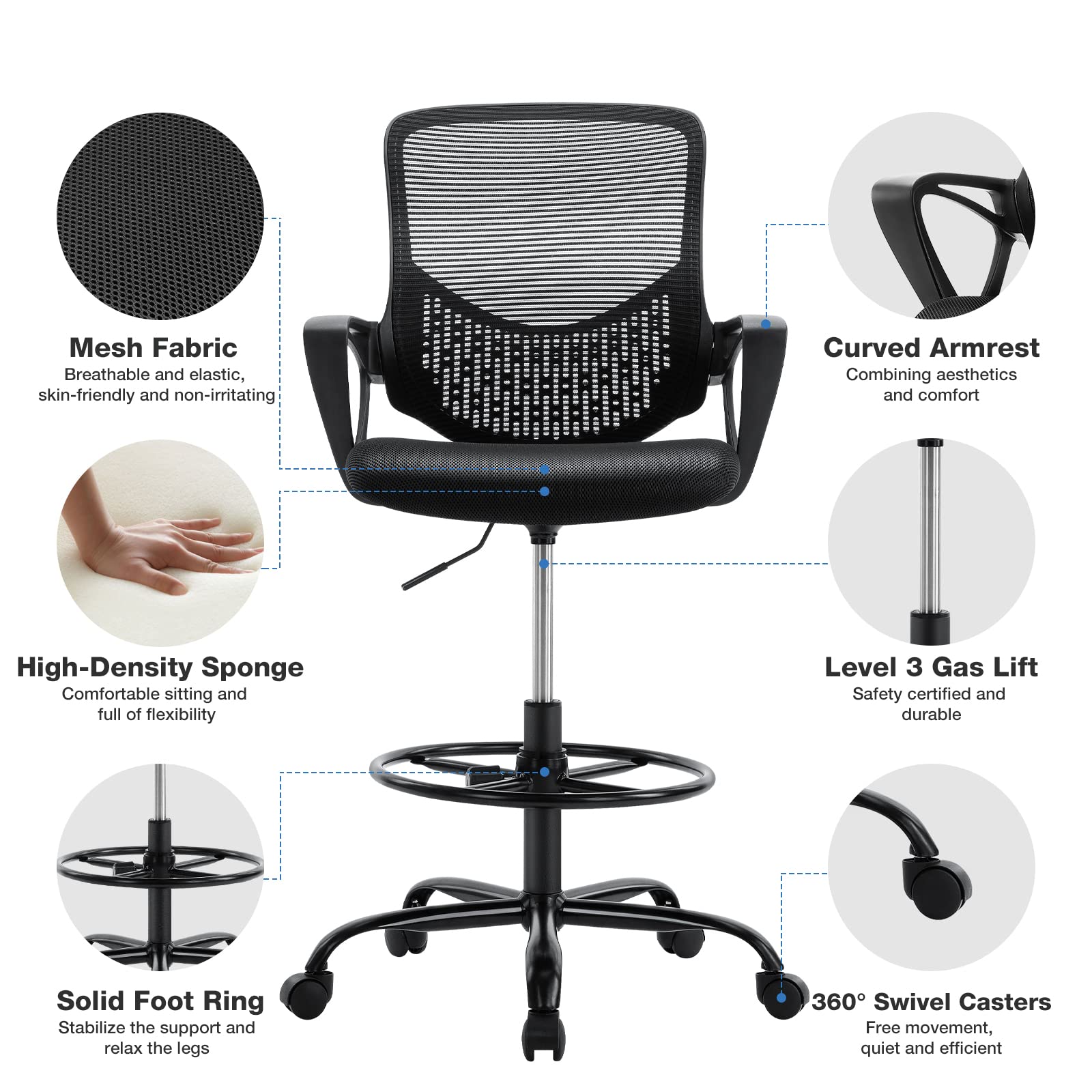 Ergonomic Adjustable Height Mesh Office Chair with Armrests & Foot Ring - Tall Standing Drafting Chair for Computer Work, Home Office & Studio - Black