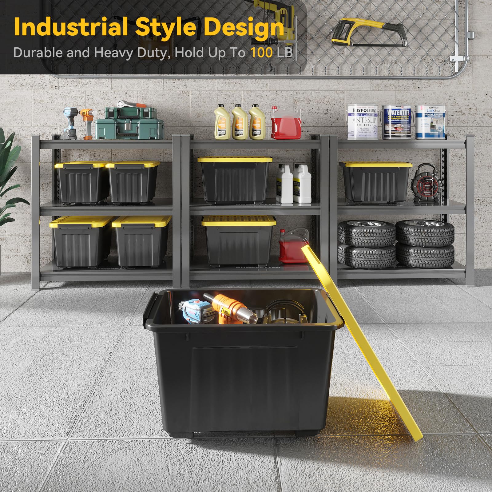 Nazhura 72-Quart Plastic Storage Bins (6-Pack) - Stackable, Nestable Organizing Containers with Secure Latching Buckles & White Lids - Large Storage Boxes for Home, Office, Garage Organization (Black/Yellow) - Perfect for Seasonal Decor, Toys, Clothes & Household Items Storage