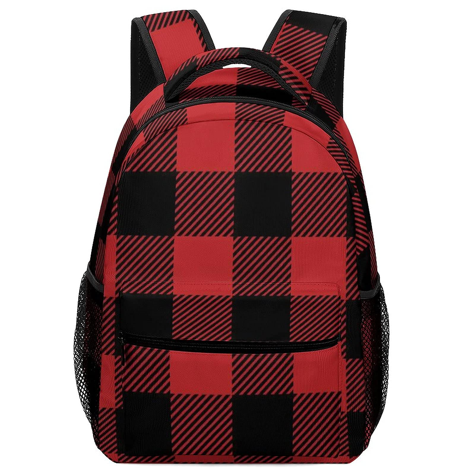 Red Black Buffalo Plaid Backpack for Men & Women - Durable Travel Shoulder Bag with Chest Strap & Laptop Compartment - Perfect for Hiking, School, Work & Daily Commute