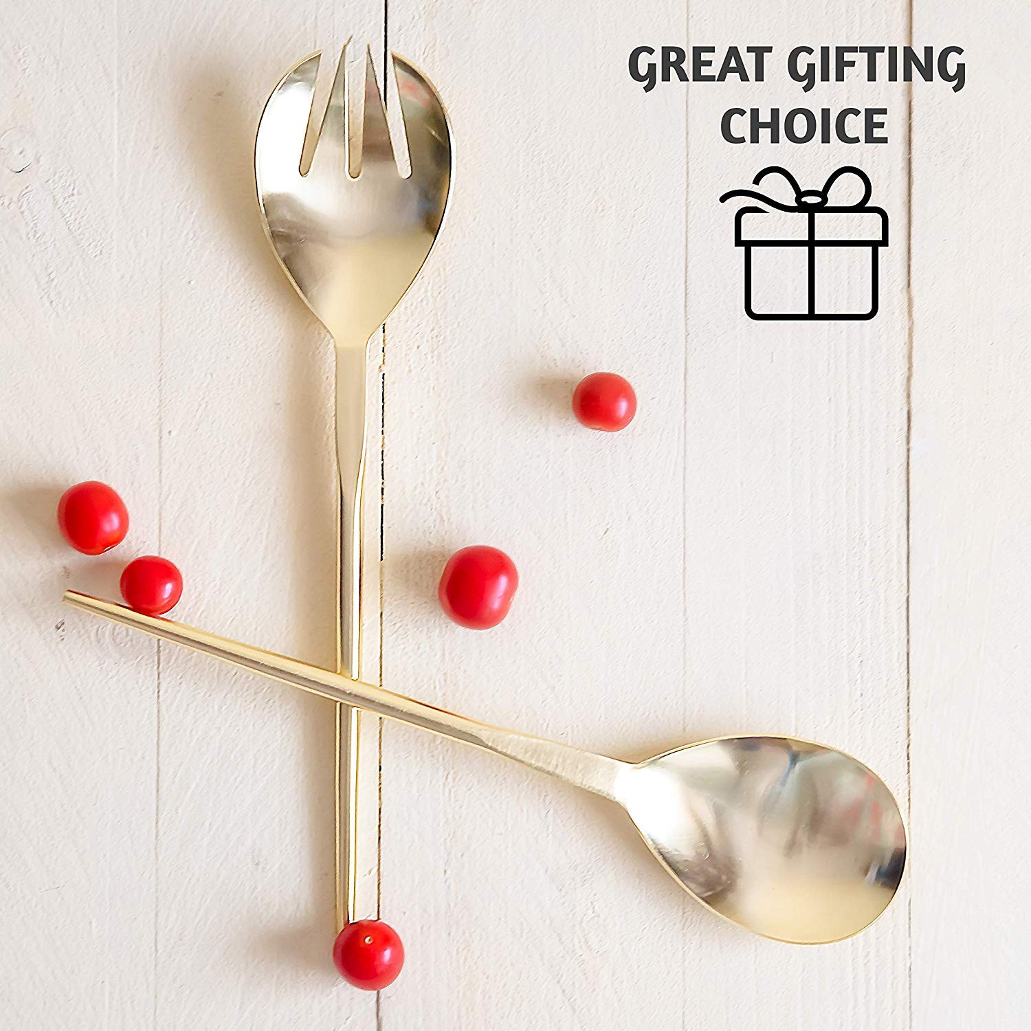 Folkulture Stainless Steel 12-Inch Serving Spoon and Fork Set - Gold/Brass Finish for Salad, Pasta, Gravies - Modern Kitchen Utensils for Cooking, Serving & Entertaining