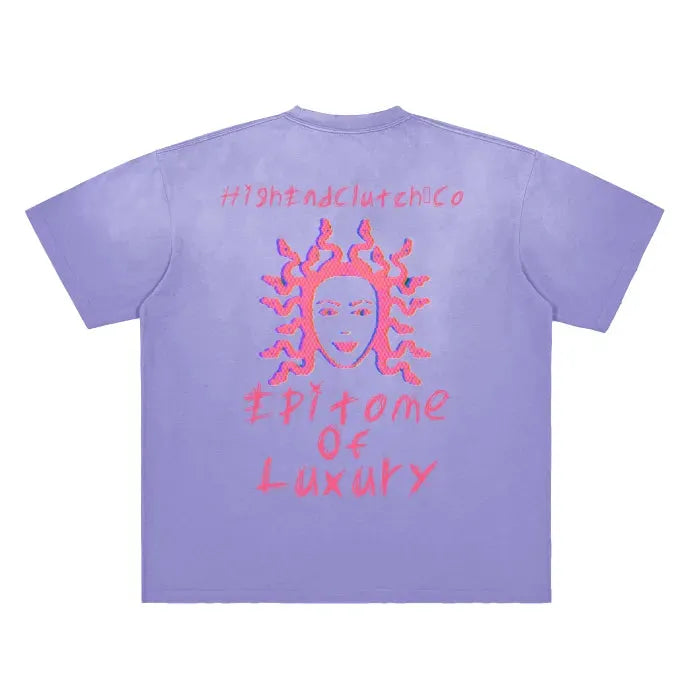 Premium Vintage Washed Medusa Print T-Shirt - Blue, Gray & Purple Gradient Frayed Design - 250 GSM Heavy Cotton - Perfect for Streetwear & Retro Fashion Outfits