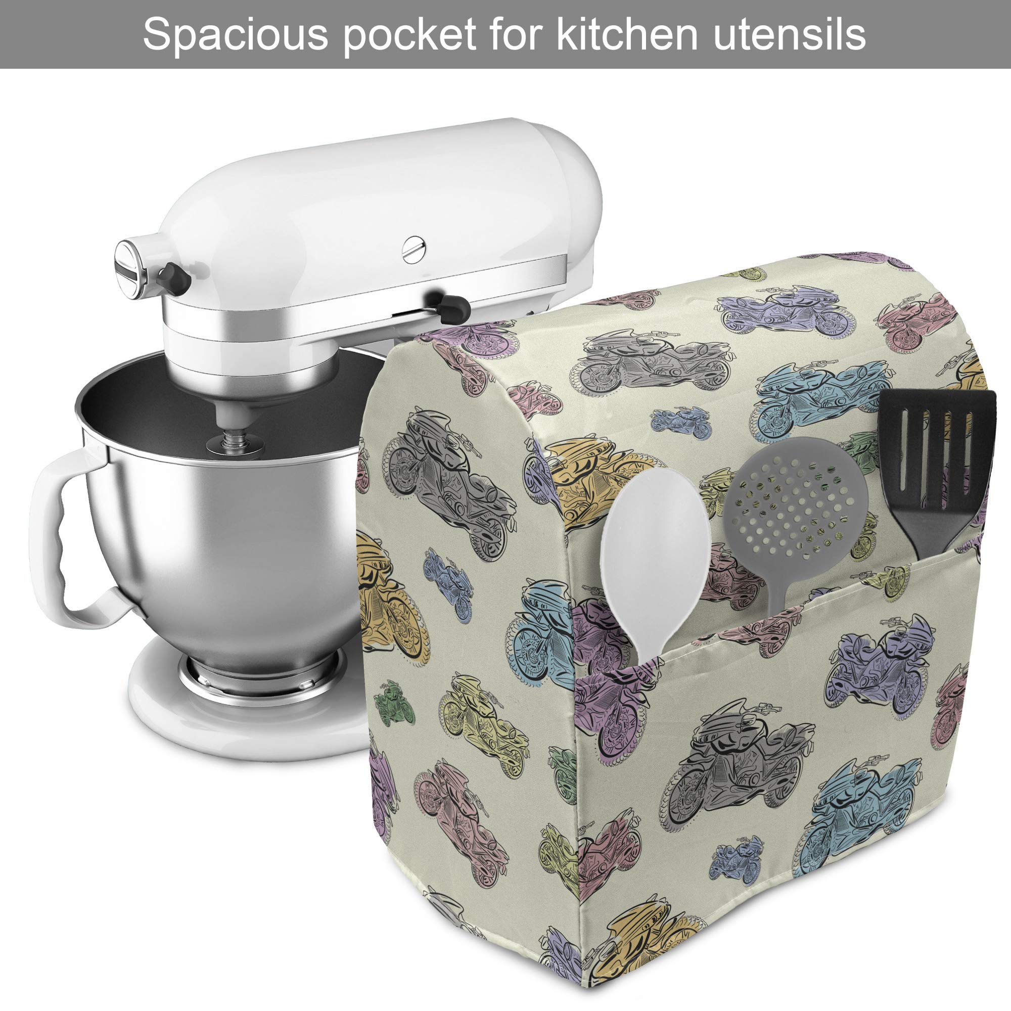 Ambesonne Motorcycle Stand Mixer Cover - Pastel Racing Motorcycle Sketch Cartoon Style, Large & Small Kitchen Appliance Organizer with Pocket (Fits 6-8 Quart Mixers) - Perfect for Kitchen Decor, Motorcycle Enthusiasts & Gift Giving