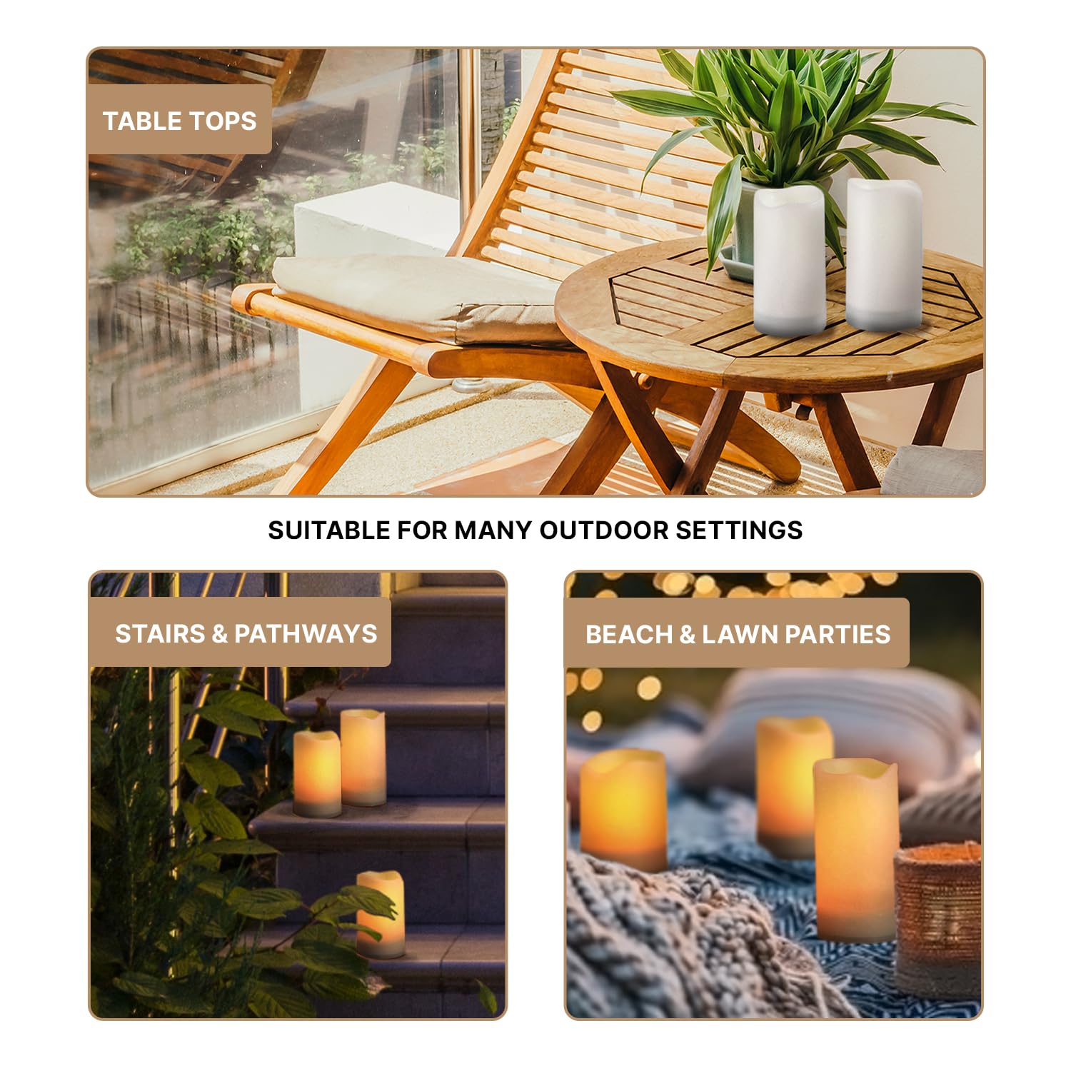 Outdoor Solar Candles 3 Pack - Waterproof Flameless LED Pillar Candles with Flickering Light & Dusk to Dawn Timer - Perfect for Patio, Garden, Yard, and Poolside Decor - Rechargeable Batteries Included