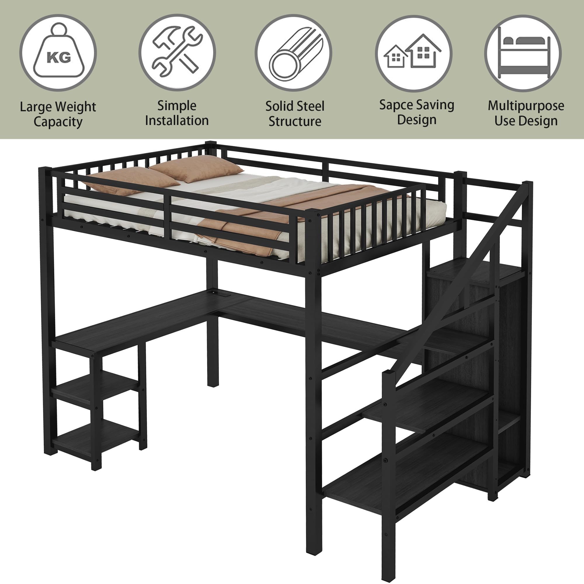 Full Size Metal Loft Bed with Stairs, Desk & RGB LED Lights - Heavy Duty Steel Gaming Loft Bed Frame with Storage Wardrobe, Shelves & Charging Station for Adults, Teens & Kids - Perfect for Small Spaces, Dorm Rooms & Gaming Setups (Black)