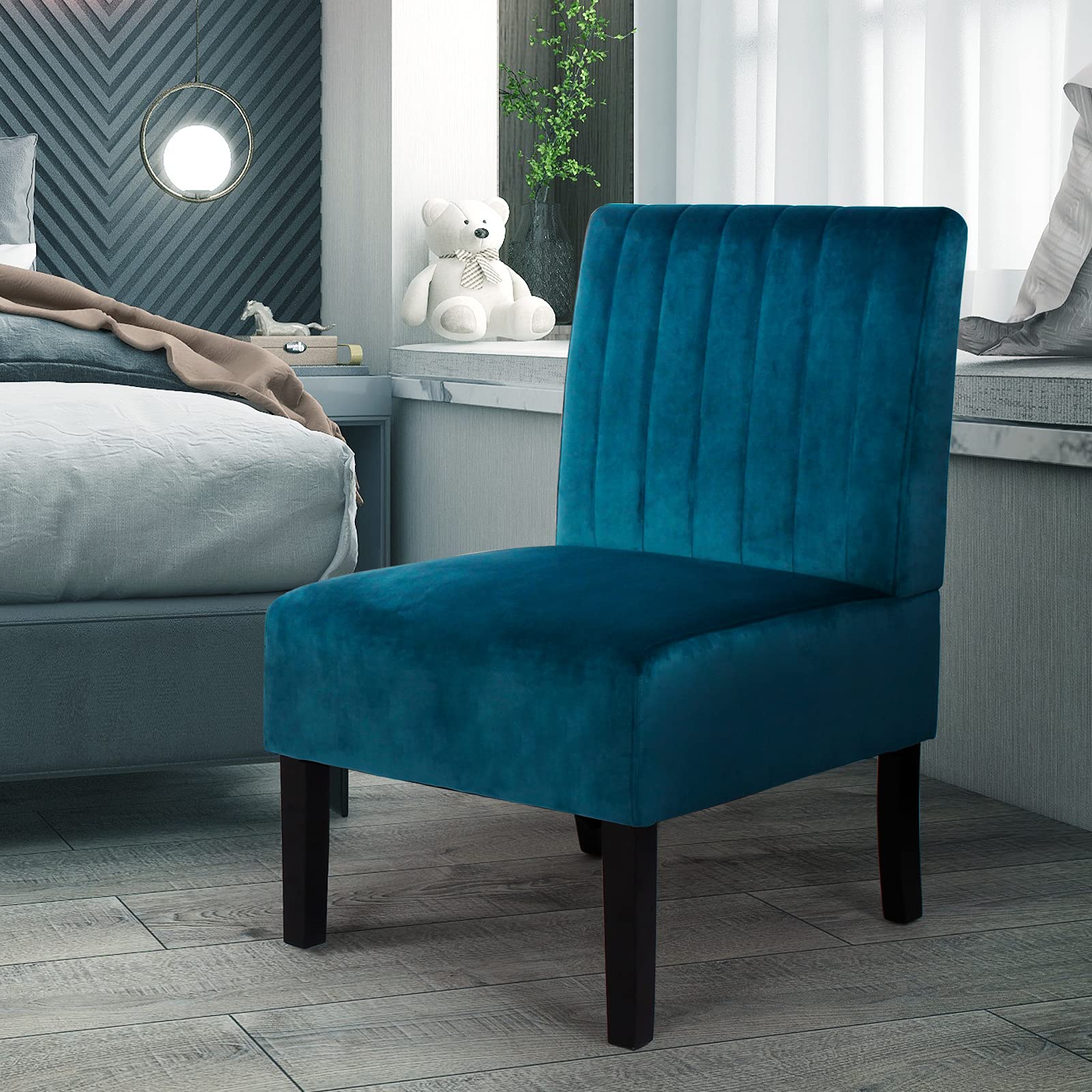 STHOUYN Modern Velvet Armless Accent Chair - Blue Upholstered Slipper Chair for Bedroom, Living Room & Vanity | Stylish Decorative Side Chair for Small Spaces, Corner Seating & Home Office