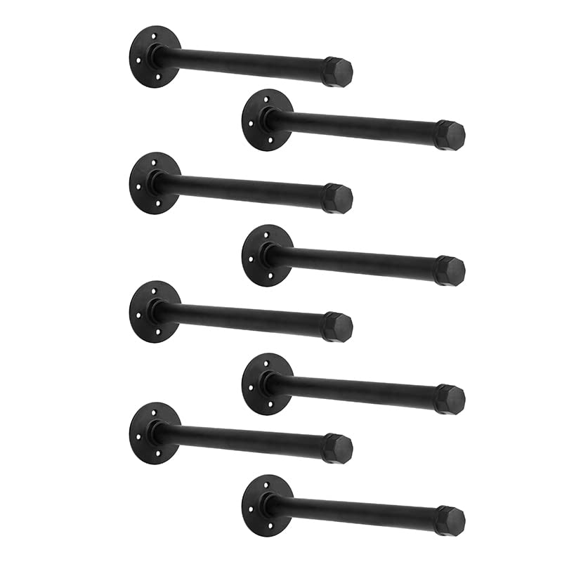 Industrial Black Iron Pipe Shelf Brackets 10 Inch - Heavy Duty Wall Mount DIY Shelving Brackets for Rustic Home Decor, Clothing Rack & Pipe Decor (8 Pack with Hardware) - Perfect for Living Room, Bedroom & Garage Storage