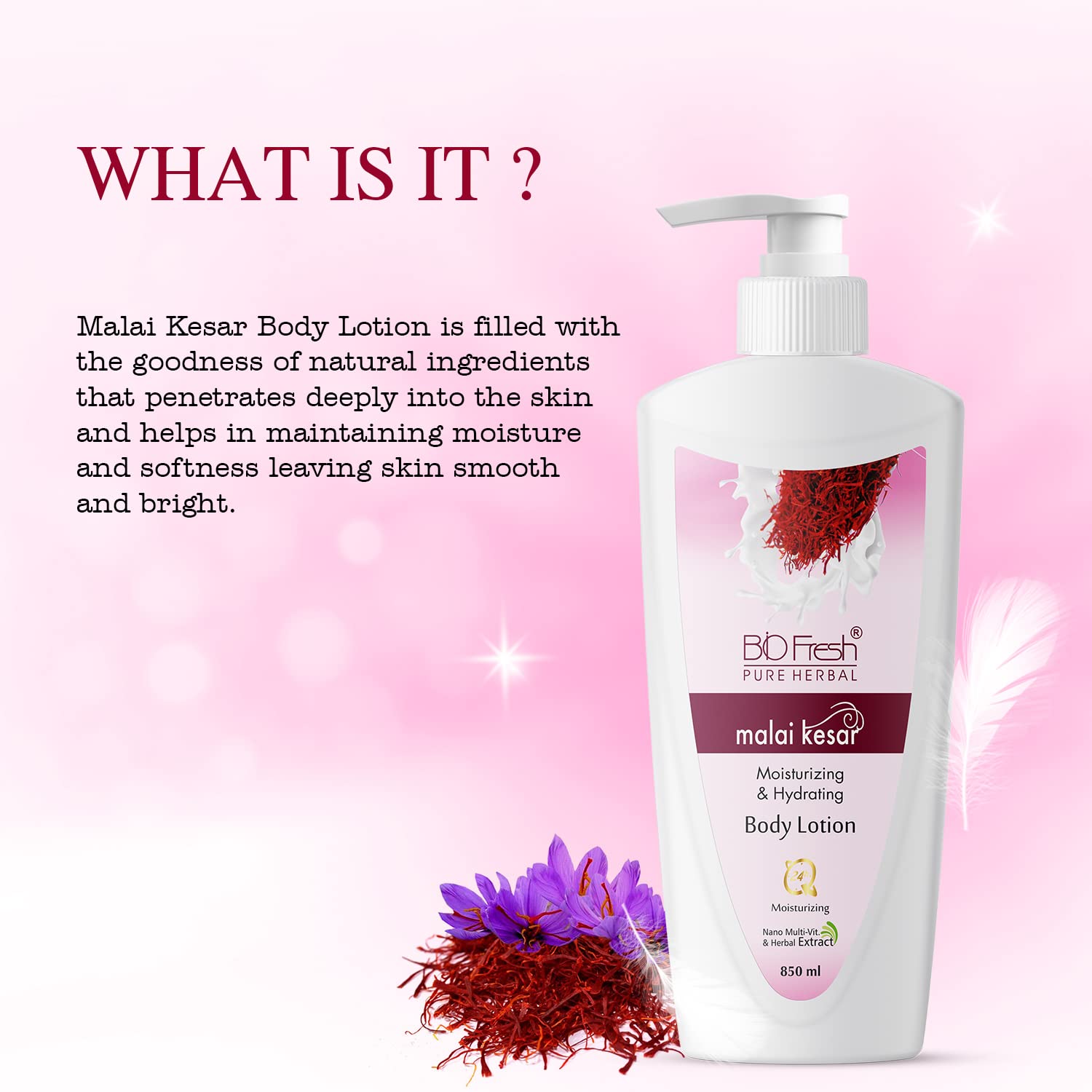 BIOFRESH HERBALS Body Lotion - Malai Kesar 24-Hour Moisturizing Cream for Dry Skin, Lightweight & Non-Greasy Formula with Natural Brightening Extracts (850ml) | Daily Hydration for Soft, Glowing Skin at Home or Travel