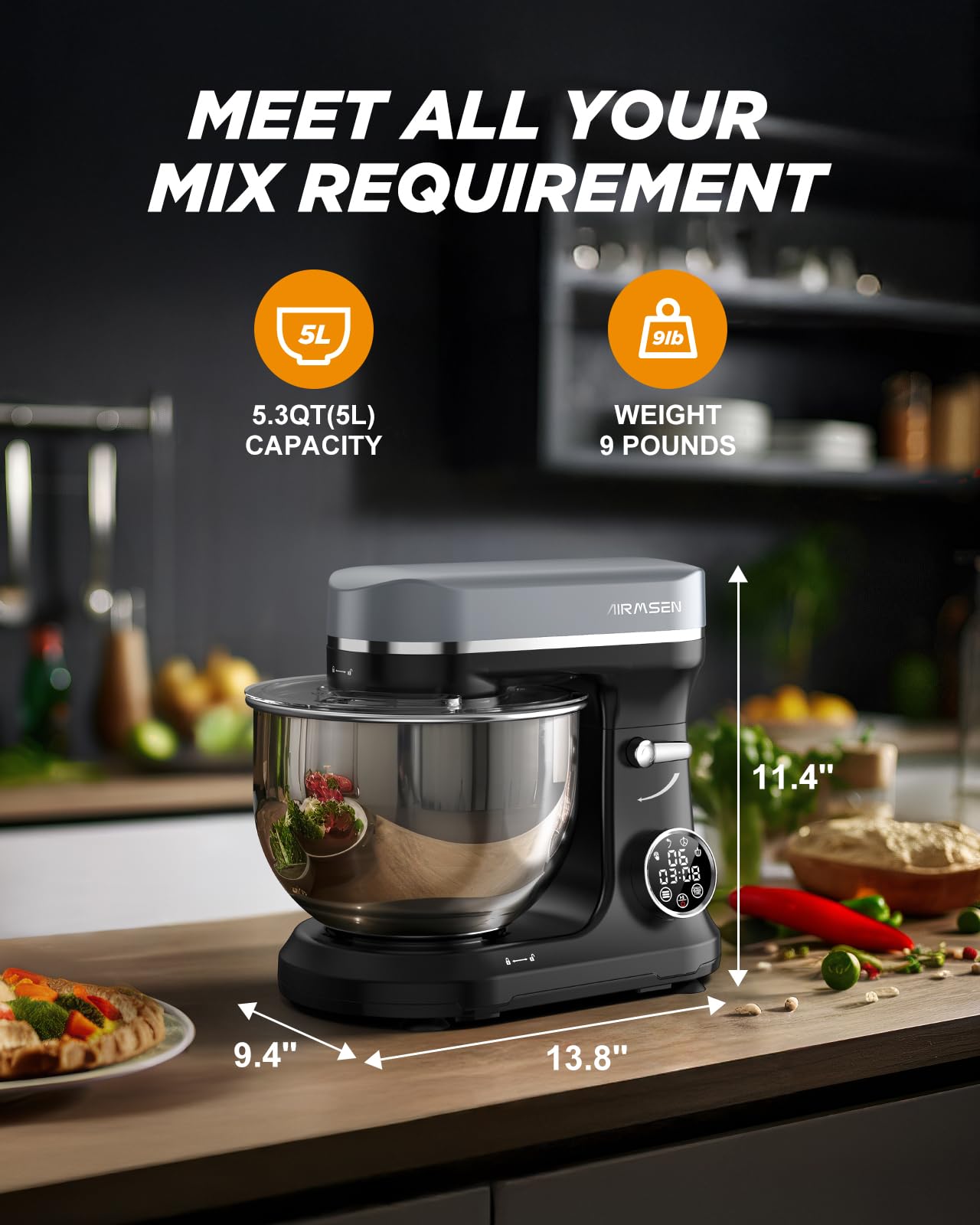AIRMSEN 5.3QT Stand Mixer with LED Touchscreen & Timer - 11-Speed Tilt-Head Electric Dough Mixer with 3-in-1 Attachments - Perfect for Baking Bread, Cakes, Cookies & More - Ideal for Home Bakers & Professional Kitchens - Black and Gray