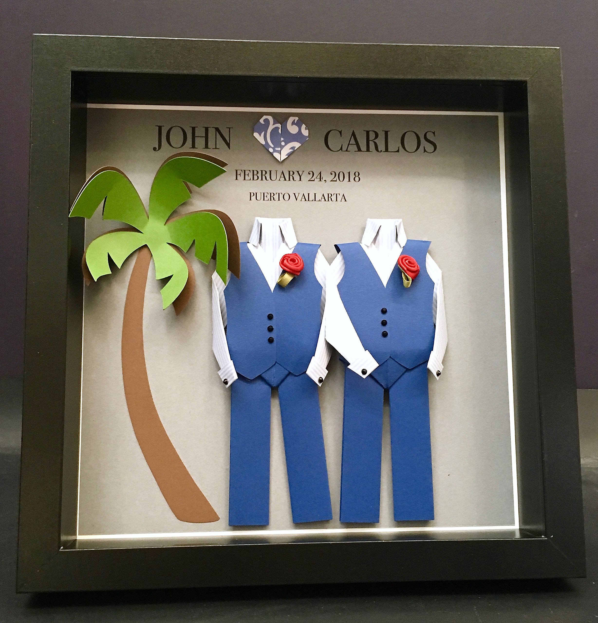 Custom Same Sex LGBT Wedding Shadowbox Frame - Personalized Groom & Groom Paper Origami Art - Unique Gay Engagement, Anniversary Gift for Couples - Perfect for Destination Weddings, First Anniversaries & Romantic Home Decor