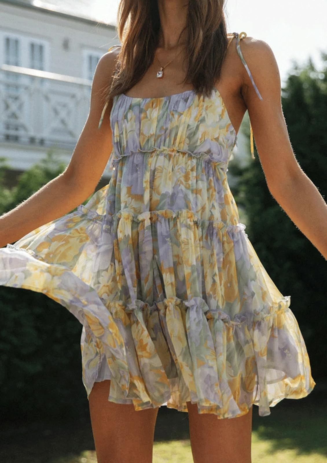 CHARTOU Women's Floral Print Square Neck Spaghetti Strap Mini Dress - Sleeveless Backless Summer Ruffle Dress for Beach, Party & Date Night