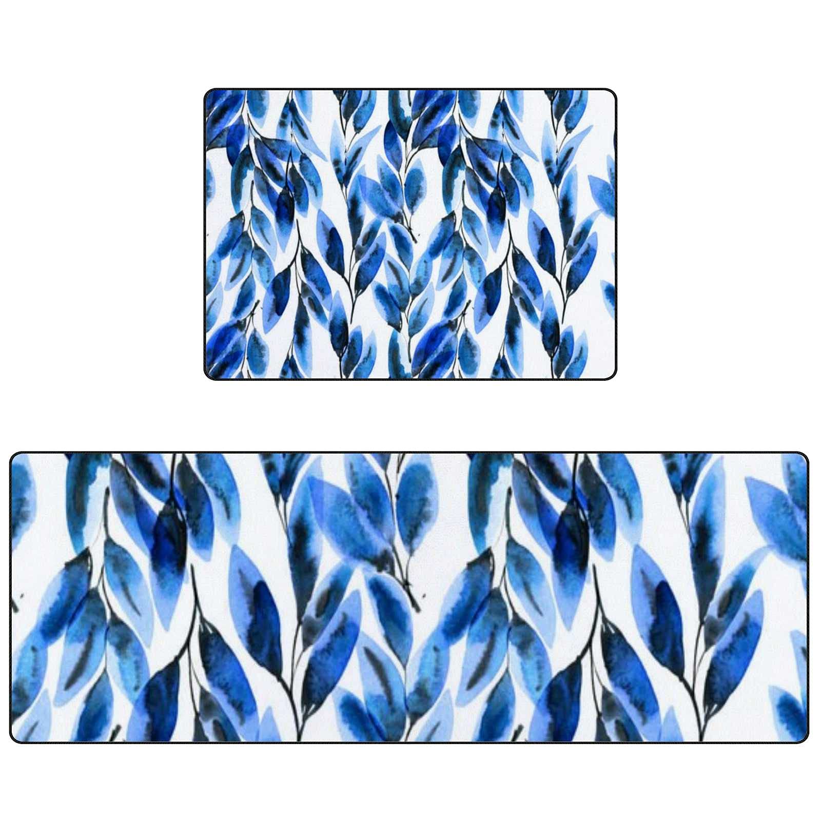 Watercolor Tree Leaves Blue Kitchen Rug Set - Non-Slip, Absorbent, Washable Coral Velvet Mats (17.7×29.1Inch + 17.7×58.2Inch) - Perfect for Kitchen, Dining Area, and Entryway Floor Protection