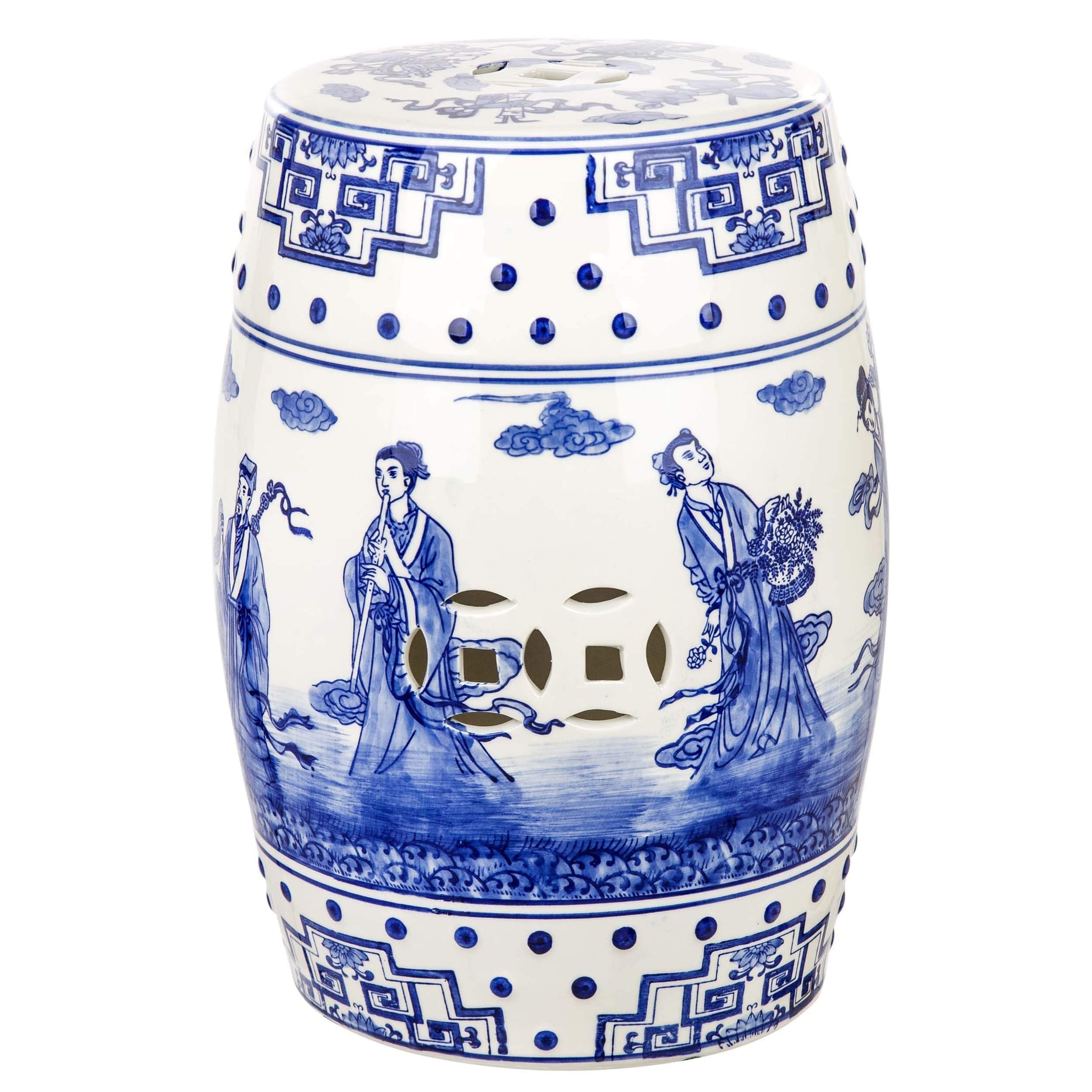 Handmade Blue Chinoiserie Ceramic Garden Stool - Ocean Jewel Design for Outdoor Patio, Porch Decor & Transitional Home Style