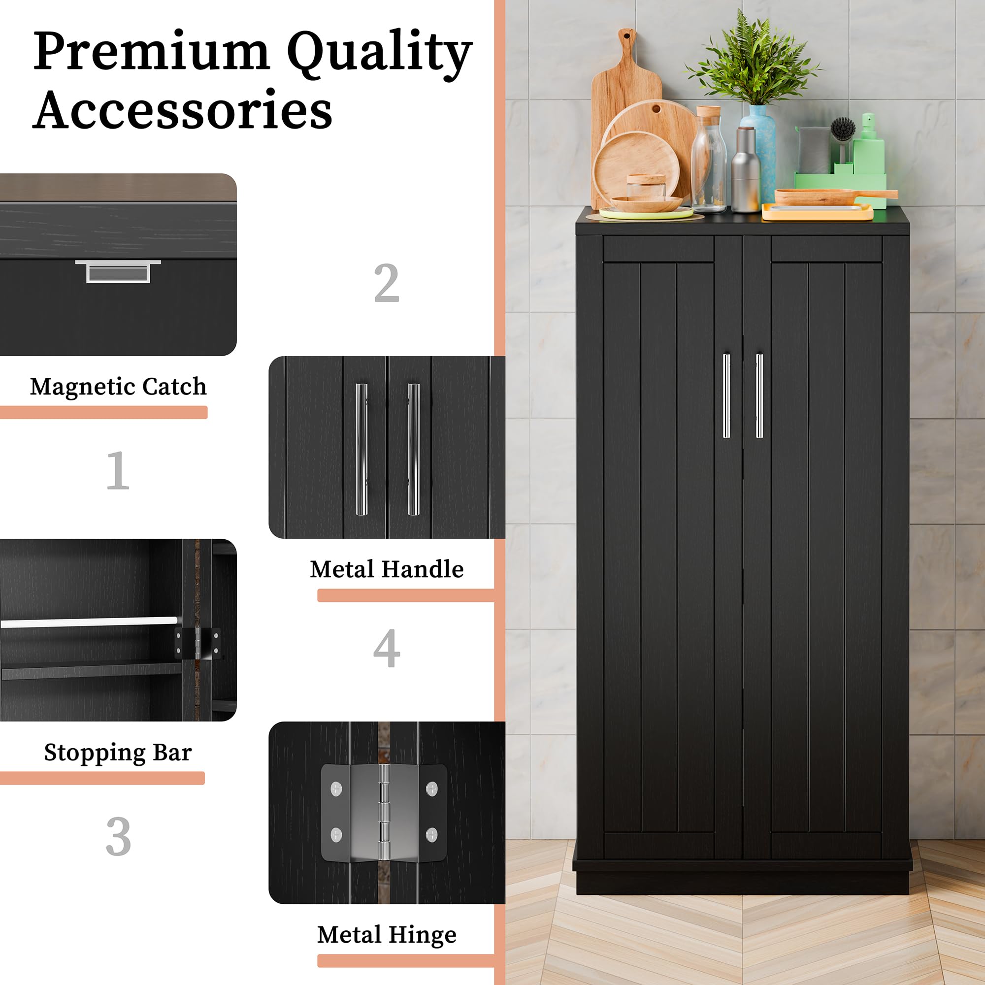 Meilocar 47-Inch Wooden Pantry Cabinet with Adjustable Shelves & Doors - Freestanding Kitchen Storage Cupboard for Pantry, Living Room, Dining Room & Office (Black) | Perfect for Organizing Food, Dishes & Home Essentials