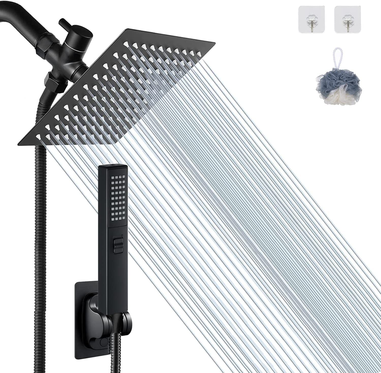 Bellearlly 8 Inch Matte Black High Pressure Shower Head with Hose - 2-in-1 Rainfall & Handheld Spray Showerhead with Anti-Leak Design & Holder - Perfect for Bathroom Renovation & Spa-Like Shower Experience