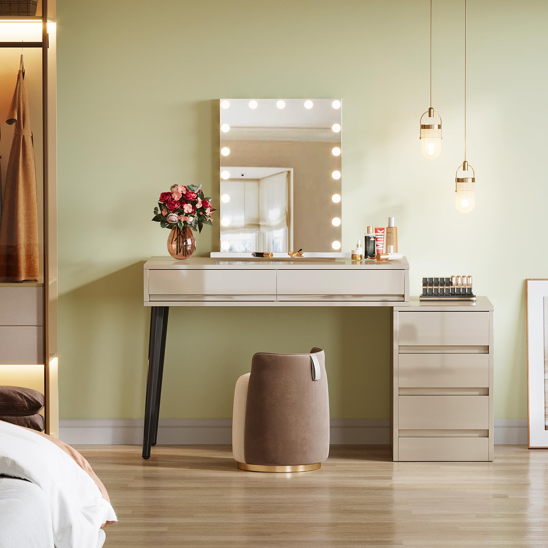 Tribesigns 5-Drawer Vanity Desk with Reversible Cabinet - High Gloss Makeup Table & Computer Desk for Bedroom or Office, Beige (No Mirror) - Perfect for Cosmetics Storage, Workstation & Home Office Organization