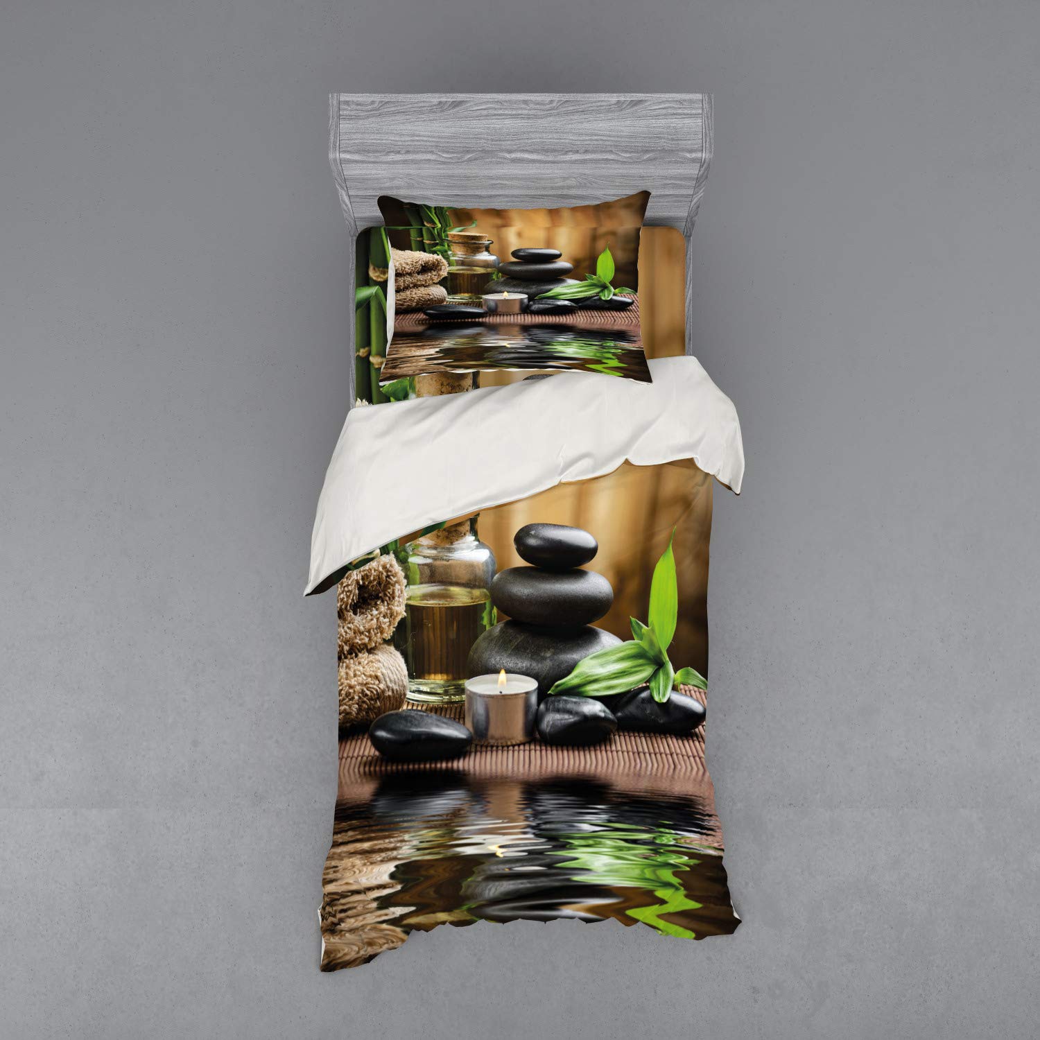 Ambesonne 3-Piece Spa Bedding Set - Twin Size Massage Stone Triplets with Herbal Oil & Scent Candles Print Duvet Cover, Sham & Fitted Sheet - Black Brown White - Perfect for Relaxation, Massage Therapy & Home Spa Decor