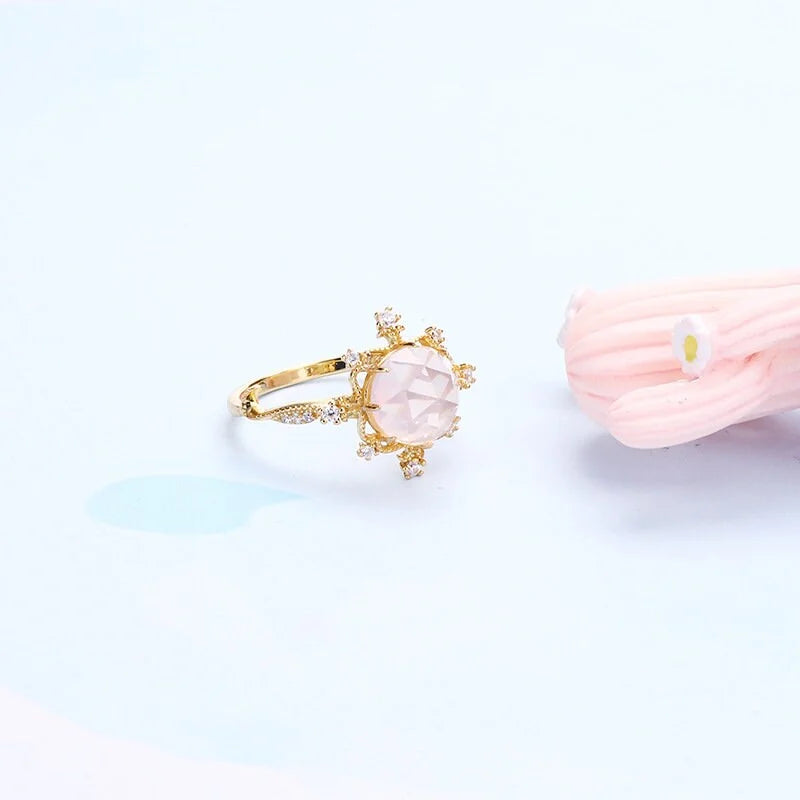 Natural Rose Quartz Gold Ring for Women - Elegant Pink Wedding Band, Romantic Jewelry Gift for Her | Perfect for Engagement, Anniversary & Special Occasions | HJZB 002 01