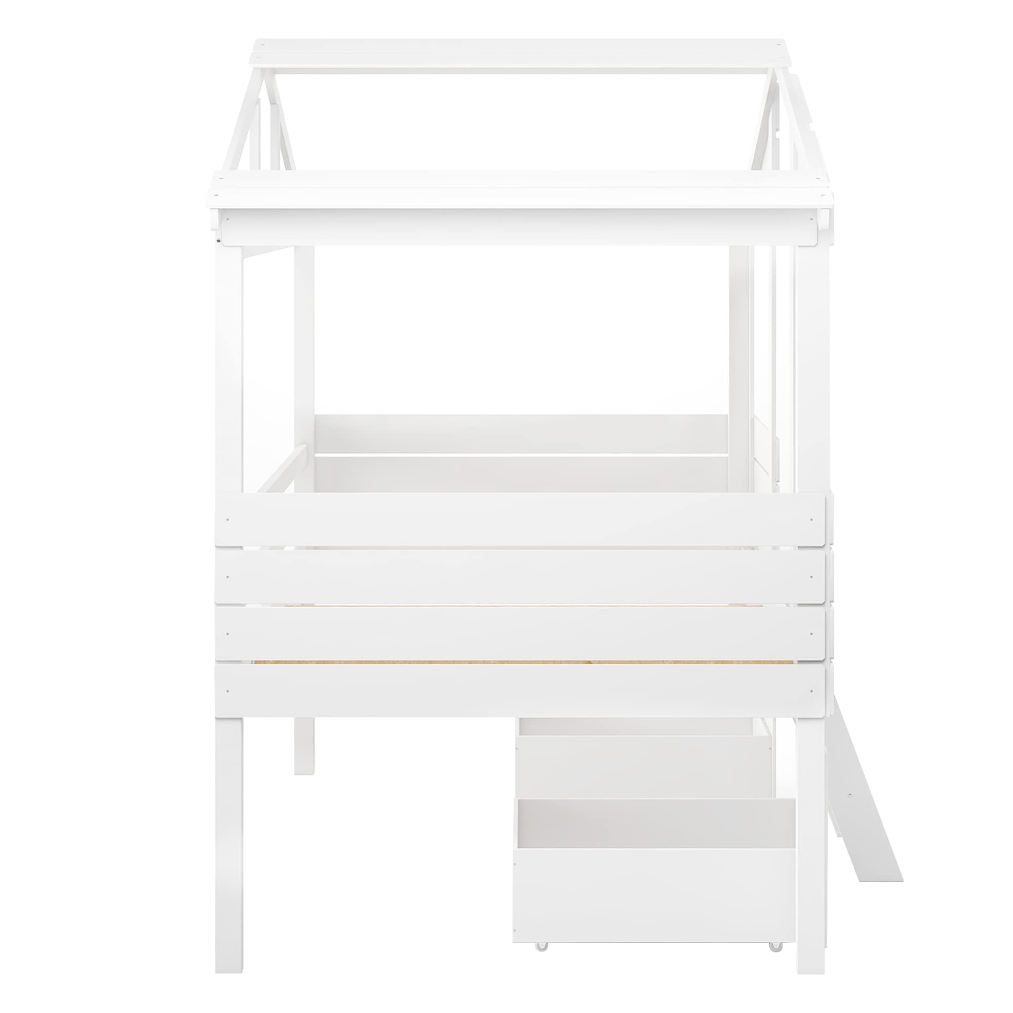 **White Twin Size Wood Loft Bed for Kids - House Design with Roof, Windows, 2 Drawers & Fence-Shaped Guardrails - Perfect for Boys & Girls Bedrooms, Playrooms & Small Spaces**