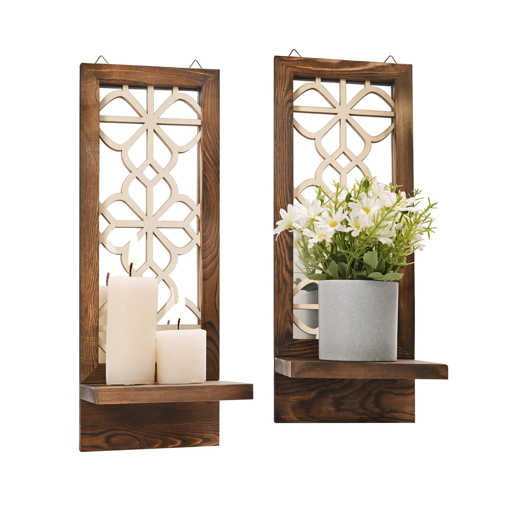 Rustic Wall Candle Sconces Set of 2 - Brown Farmhouse Candle Holders with Floating Mirror for Home Decor | Perfect for Living Room, Dining Room, Bedroom & Bathroom Wall Art | Creates Cozy Ambiance for Dinners, Relaxation & Romantic Settings