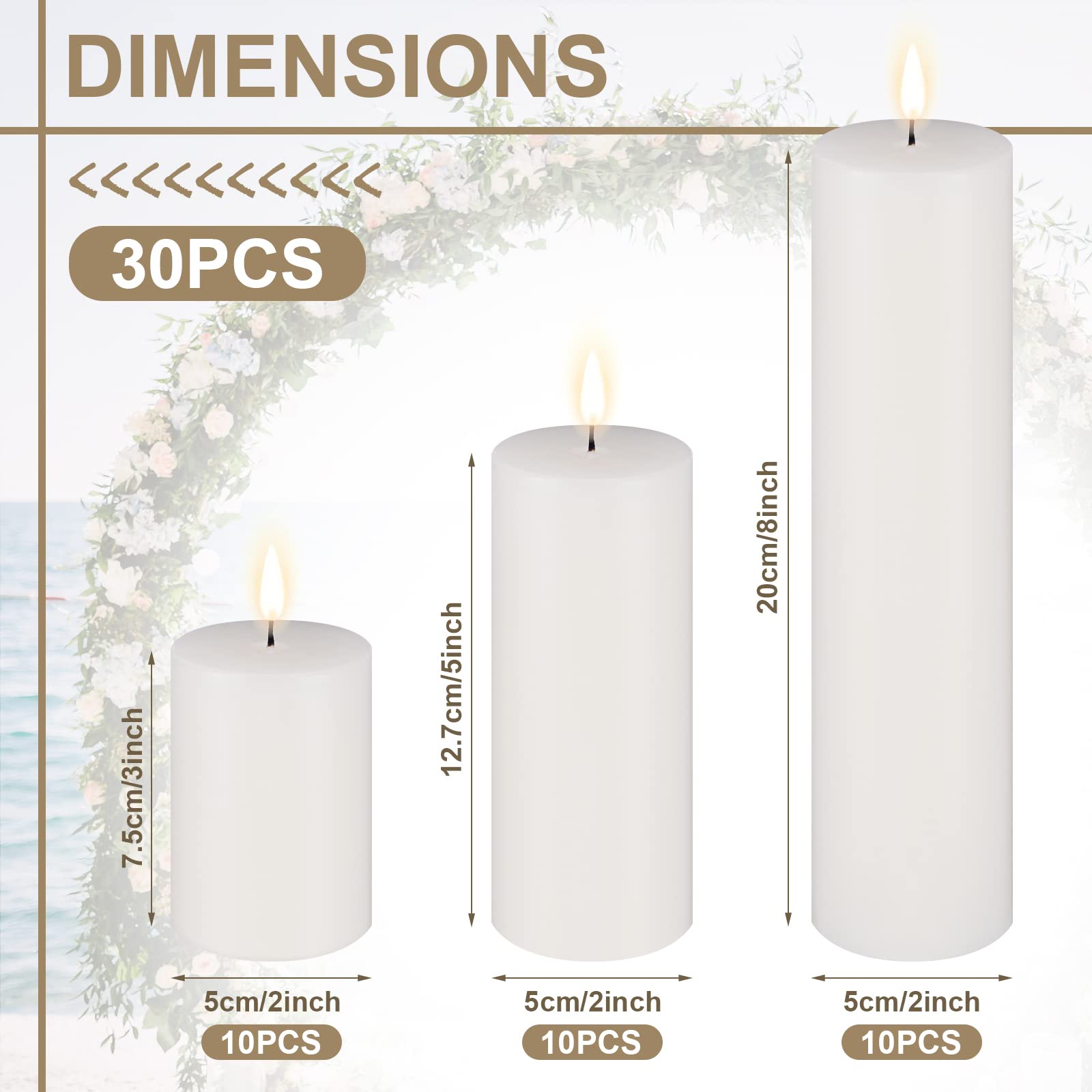 Amyhill 30-Pack Unscented White Pillar Candles Bulk Set - 2x3, 2x5, 2x8 Inch Large Tall Cotton Wick Wax Candles for Wedding, Home Decor, Restaurant, Spa & Church - Emergency Lighting & Romantic Ambiance
