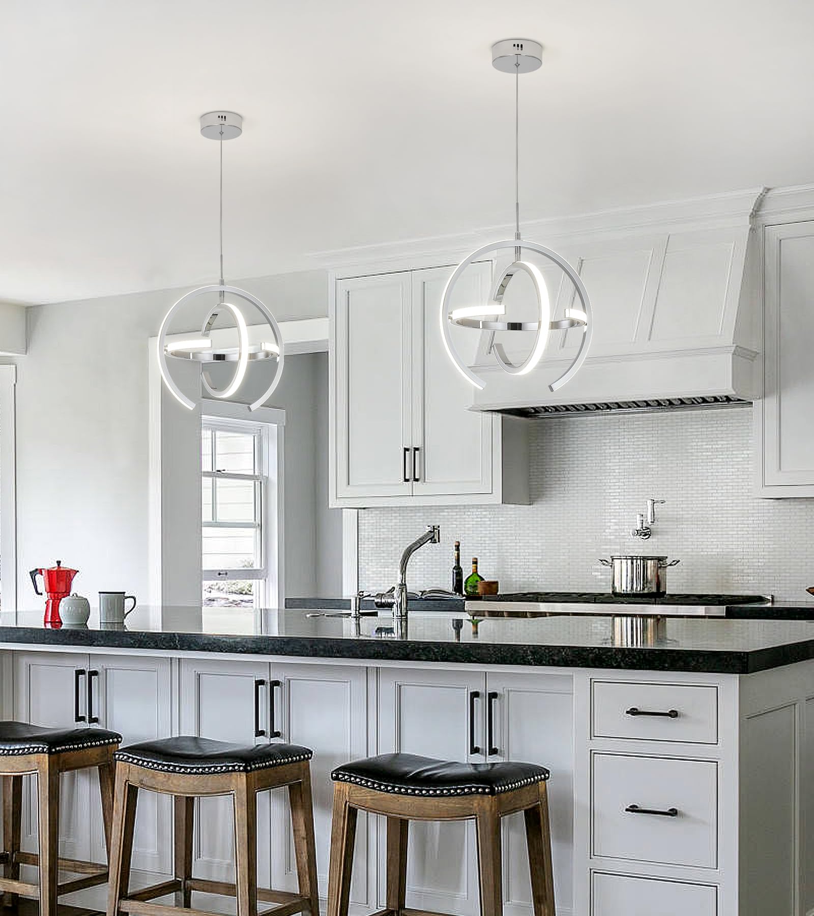 Q&S Modern LED Chandelier - Chrome Silver Round Globe Pendant Light Fixture for Kitchen Island, Dining Room, Living Room & Entryway - Energy Efficient Hanging Light for Home Decor & Ambience