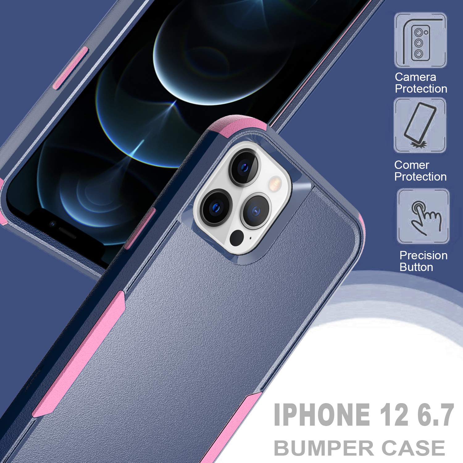 Shockproof Heavy Duty Armor Case for iPhone 13 Pro - Blue & Pink Cute Women's Protective Cover | Rugged Hard Case for Outdoor, Work & Everyday Use