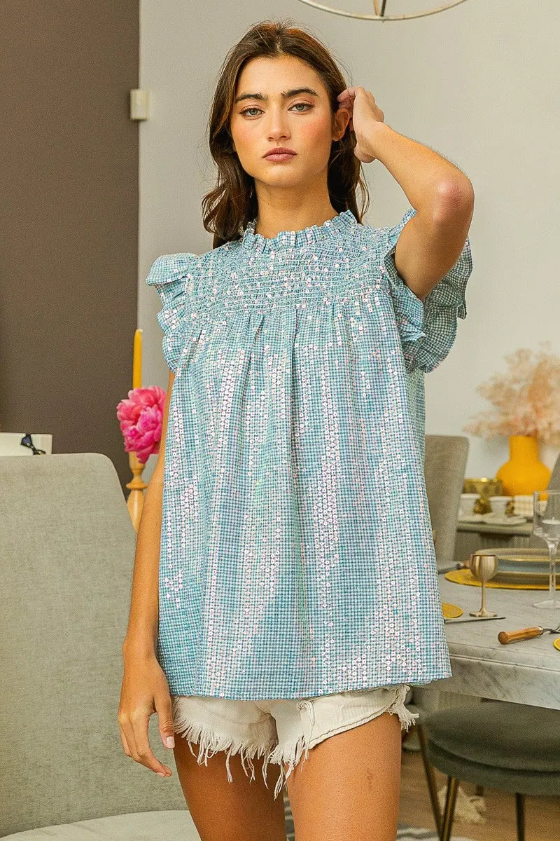 BiBi Clear Sequin All Over Gingham Smocked Top - Trendy Women's Blouse for Party, Holiday & Special Occasions