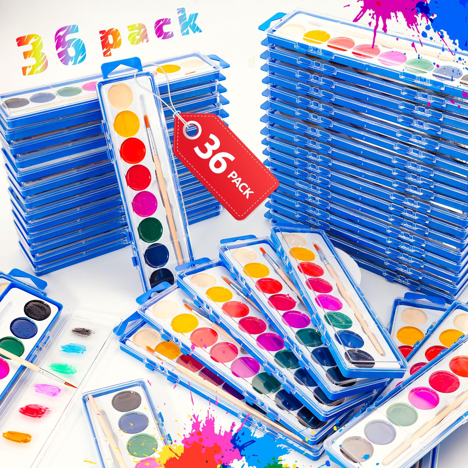 36 Pack Kids Watercolor Paint Set - 8 Vibrant Washable Colors with Paintbrush | Bulk Art Supplies for Classroom, Birthday Party Favors & Creative Painting Activities