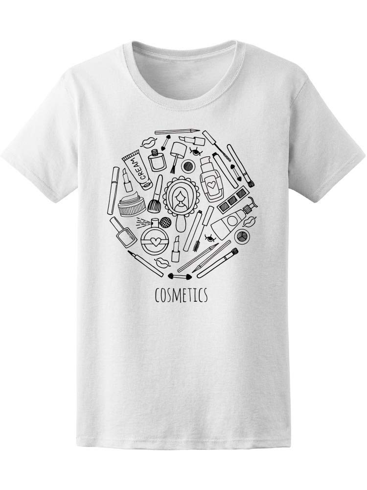 Women's Makeup & Cosmetics Icons Graphic T-Shirt | Trendy Casual Tee for Beauty Lovers | Perfect for Everyday Wear, Girls Night Out & Makeup Enthusiasts