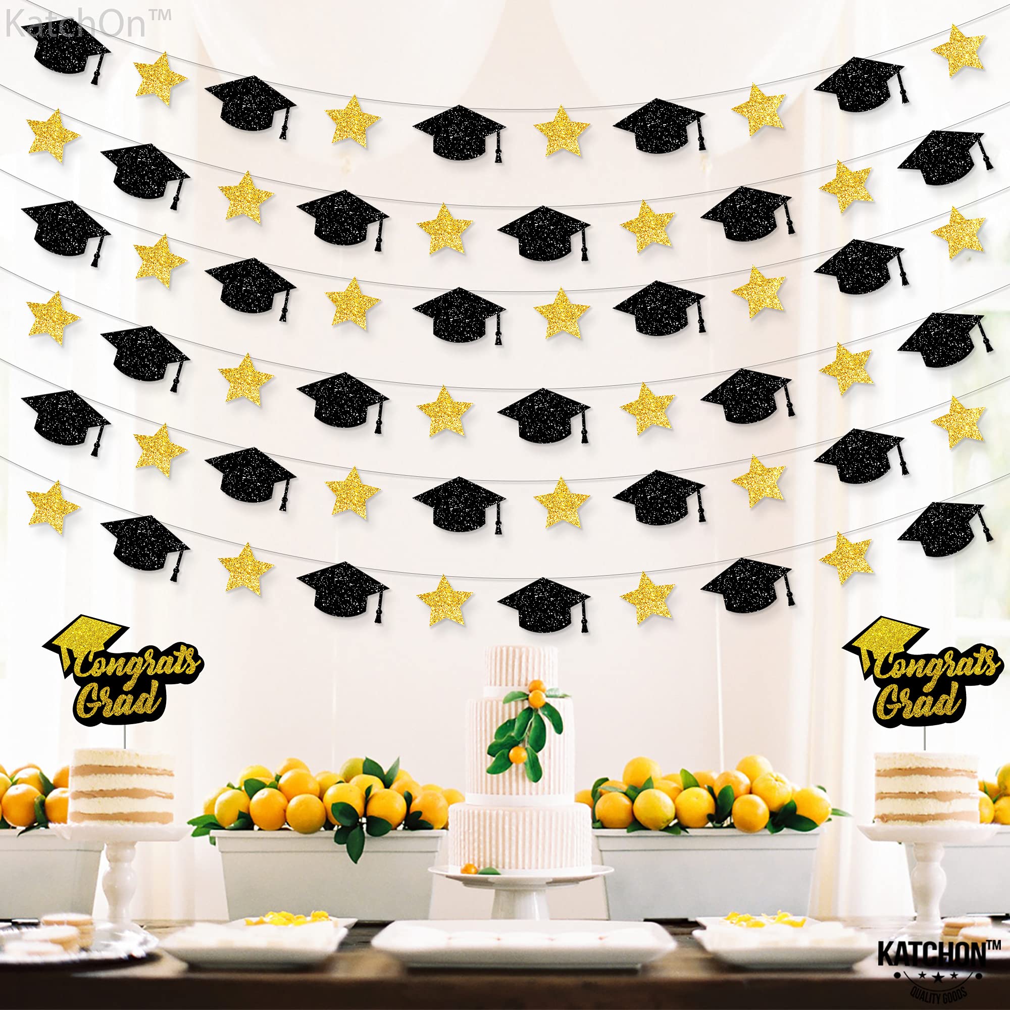 KatchOn Graduation Cap Garland - 10ft Gold & Black Class of 2025 Decor | 16in Graduation Balloons | Party Backdrop, Photo Booth & Wall Decoration for High School & College Graduation Celebrations